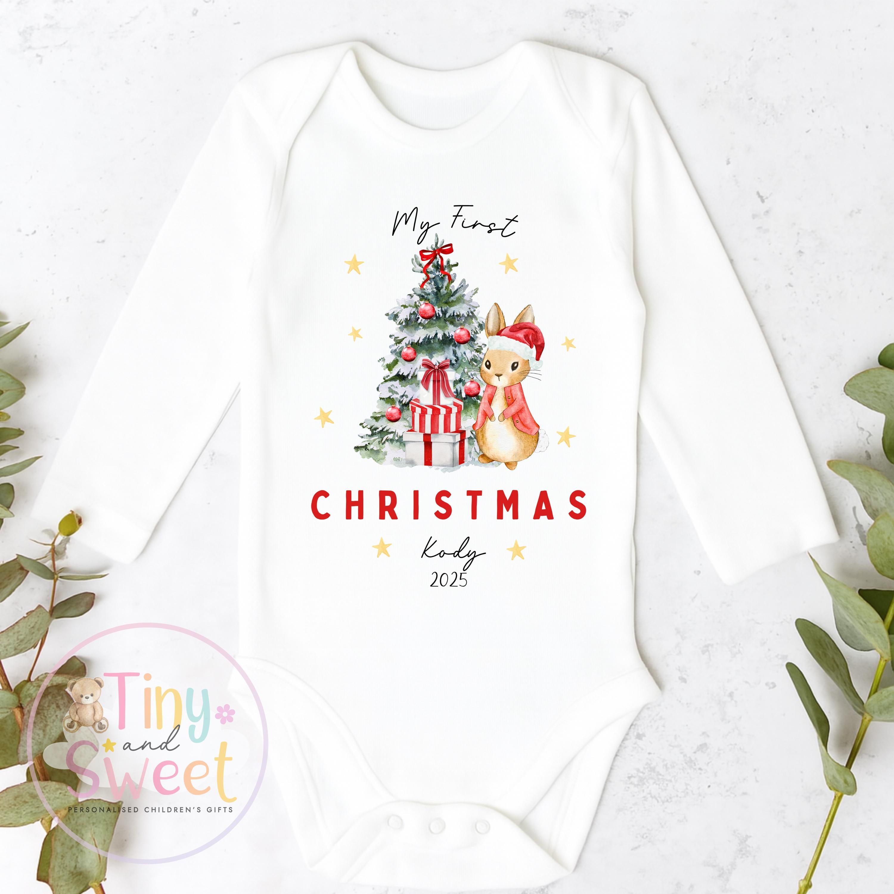 Personalised Babies First Christmas Bunny Sleepsuit, Babies 1st Xmas Gift Idea, Pyjamas, 1st Xmas Babygrow, Christmas Outfit for baby