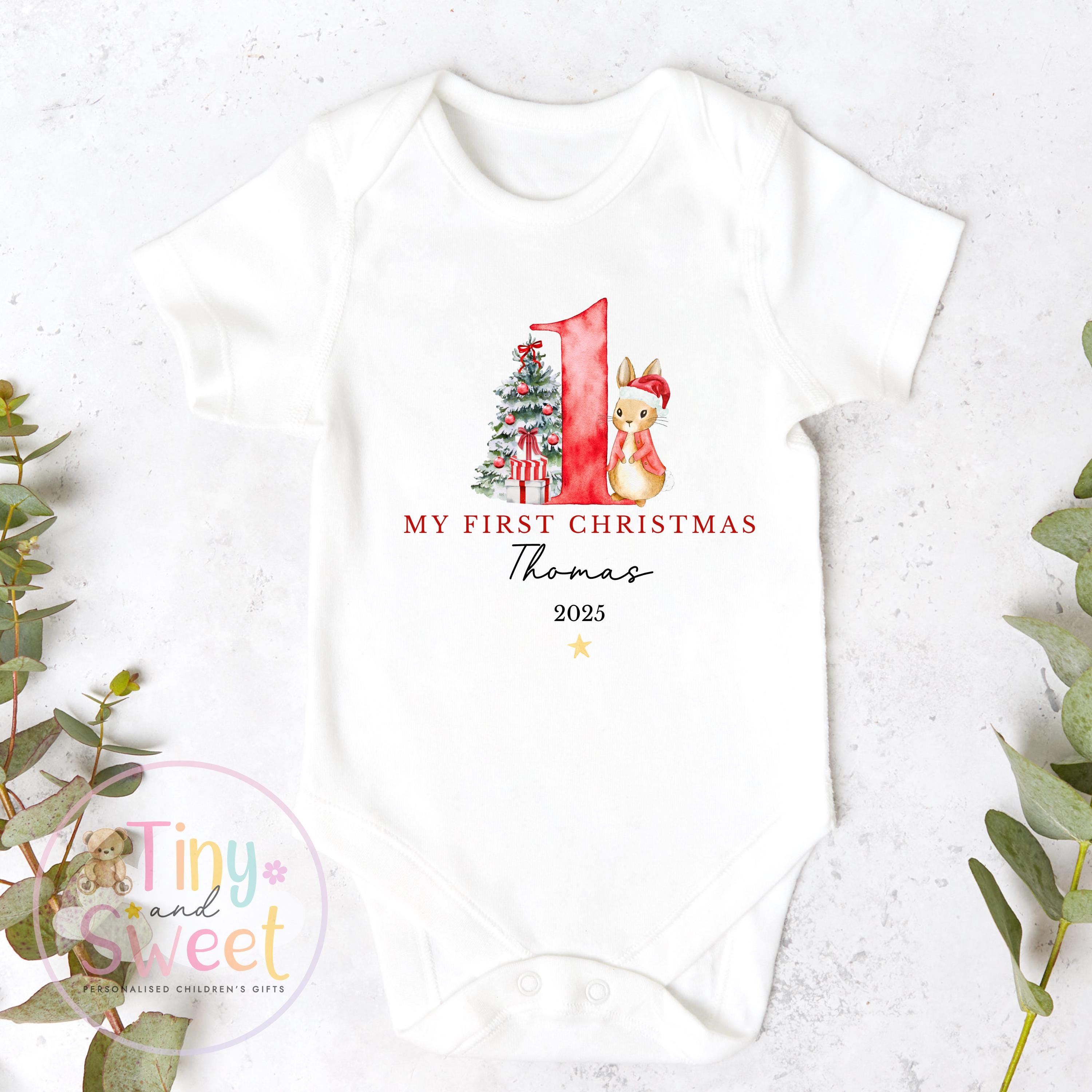 Personalised Babies First Christmas Bunny Sleepsuit, Babies 1st Xmas Gift Idea, Pyjamas, 1st Xmas Babygrow, Christmas Outfit for baby