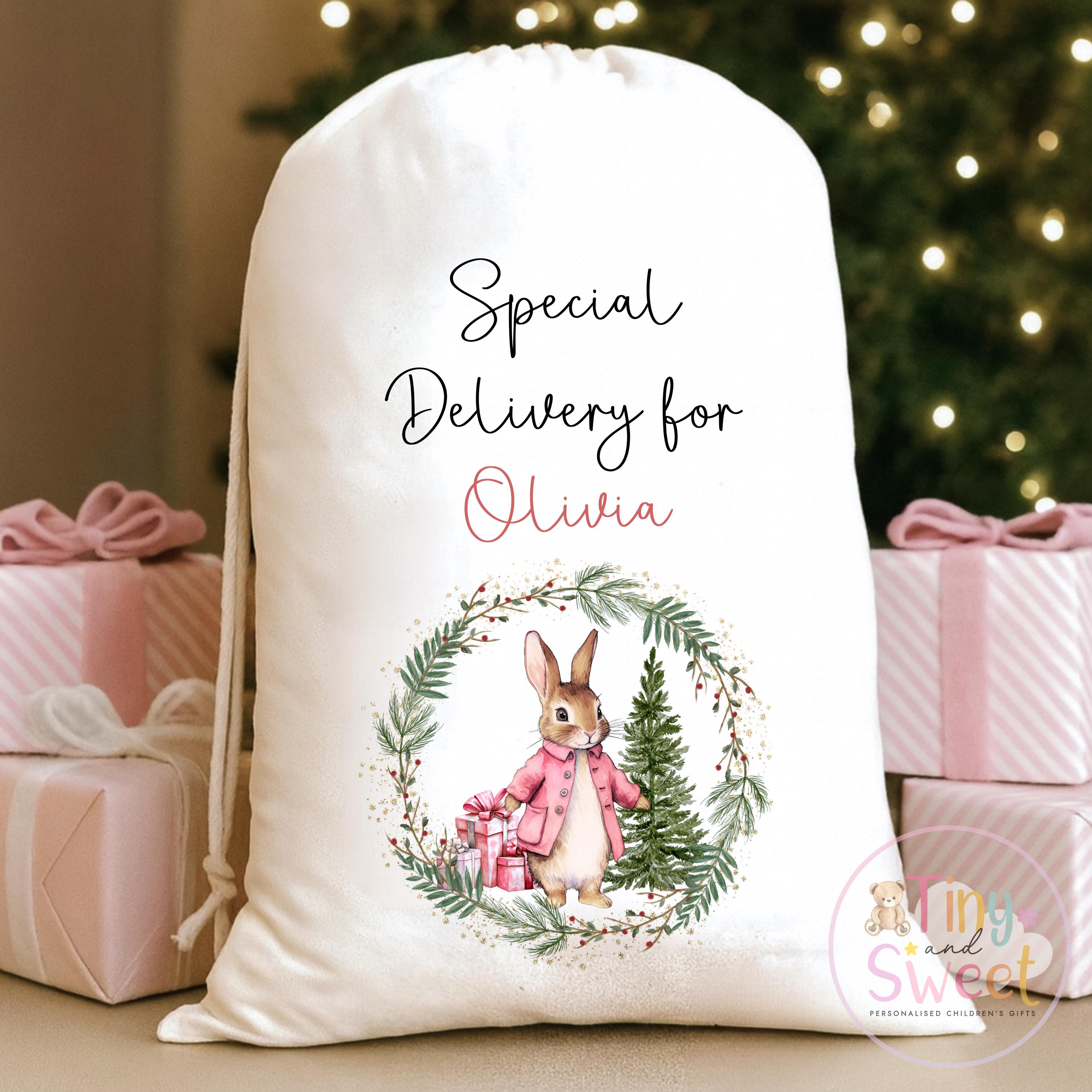 Blue Bunny Wreath Personalised Christmas Sack