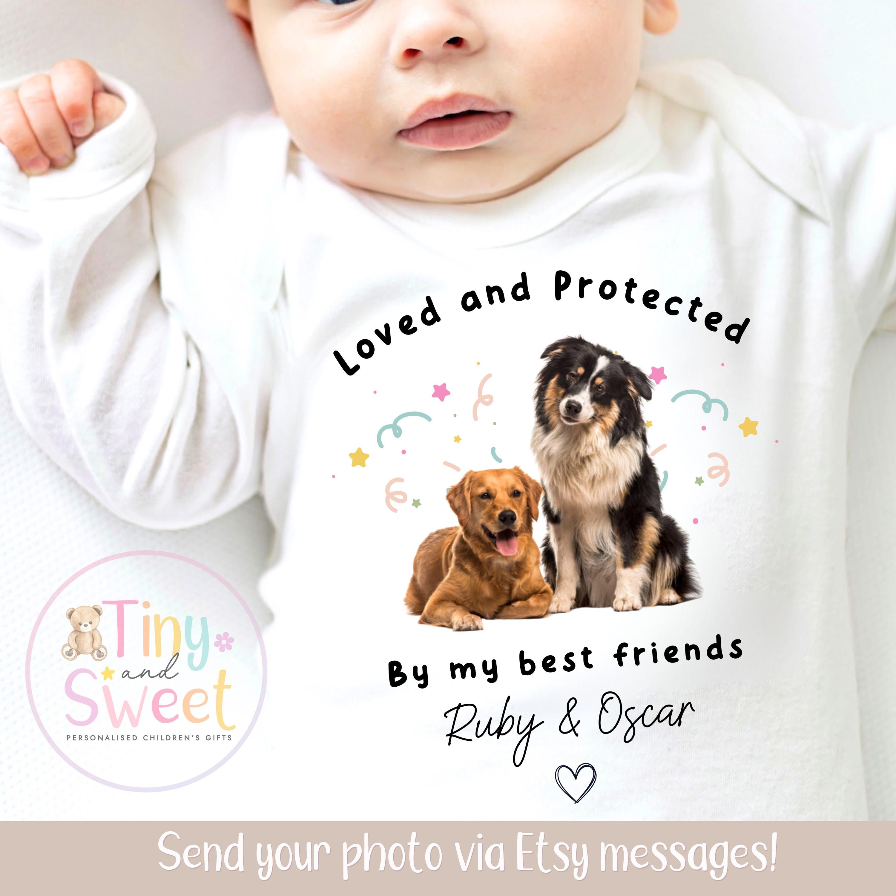Personalised Protected By, Dog Lover Baby Outfit, Protected by My Fur Sibling Vest/Sleepsuit, Dog Mum to Human Mum, Personalised Gift