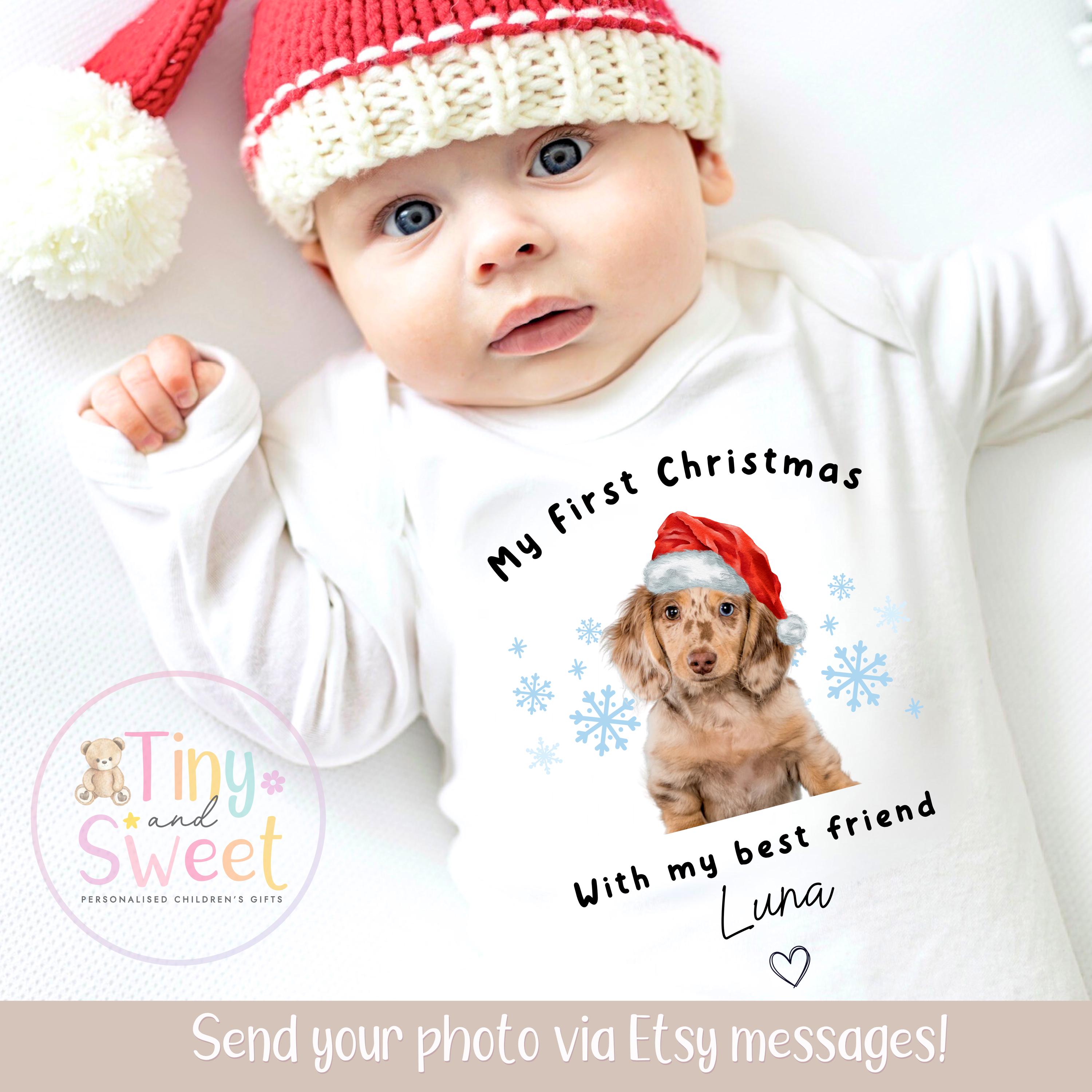 Personalised My First Christmas, Dog Lover Baby Outfit, Protected by My Fur Sibling Vest/Sleepsuit, Dog Mum to Human Mum, Personalised Gift