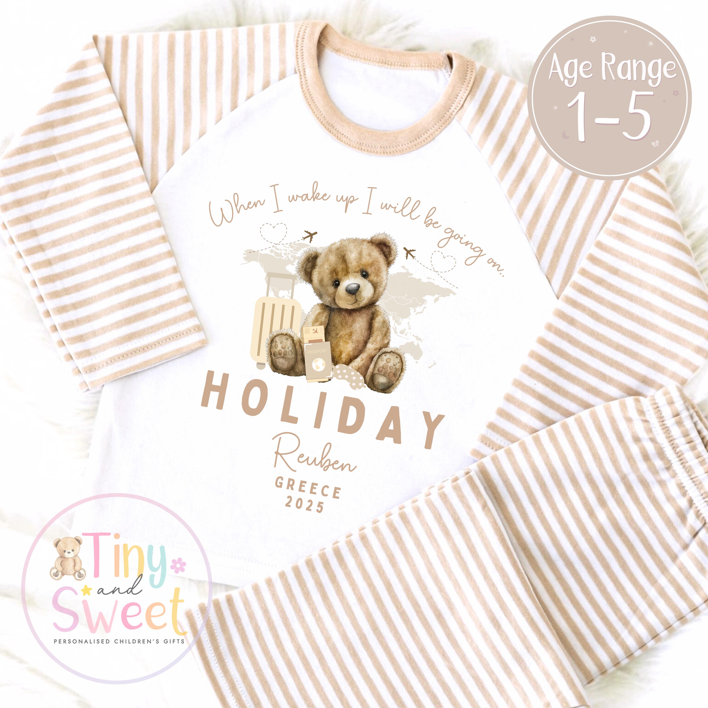Beige Bear Holiday Short and T-Shirt Personalised Pyjamas