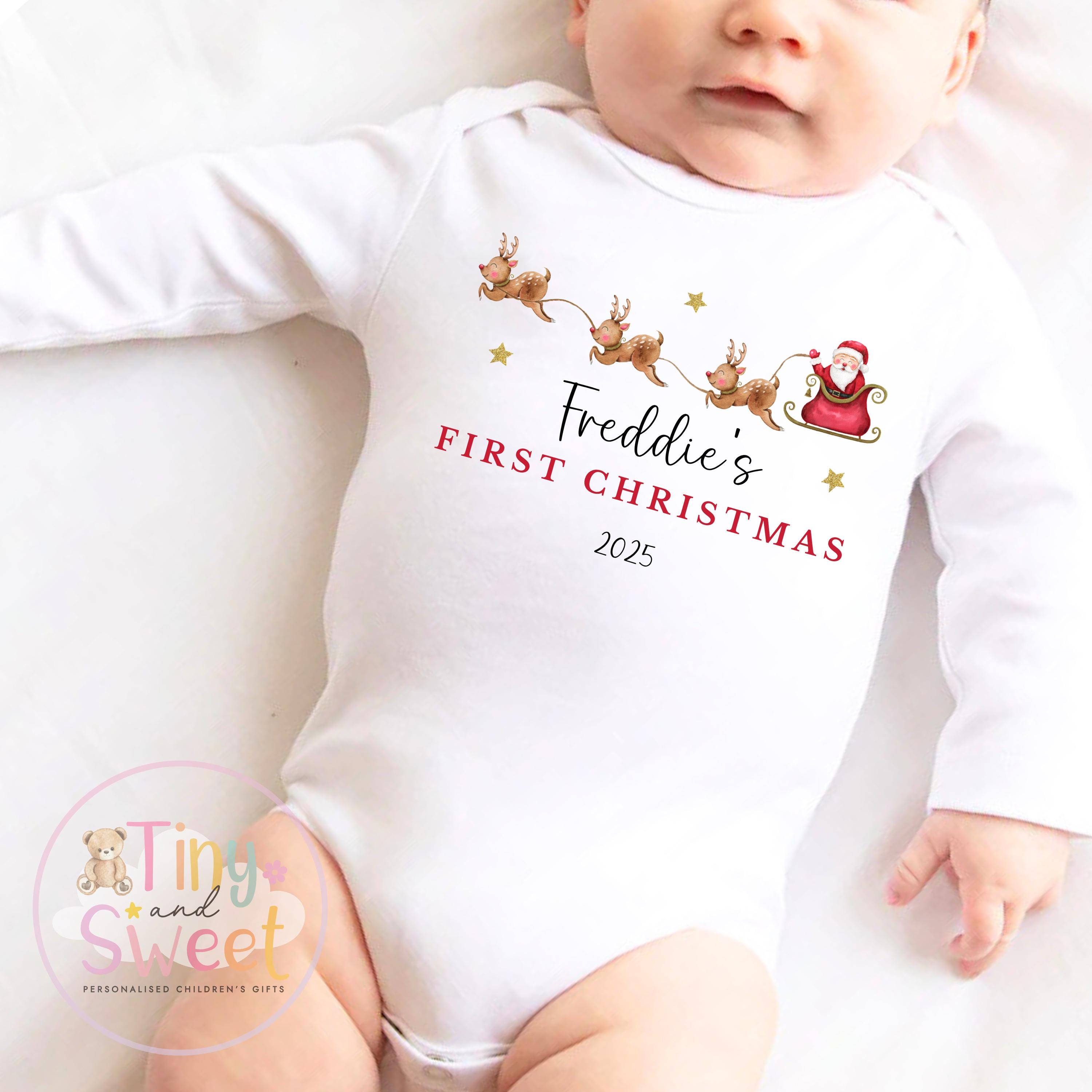 My First Christmas Personalised Baby Vest, Sleepsuit or Bib – Custom Name 100% Cotton Outfit, Festive Newborn Keepsake Gift, Babies 1st xmas