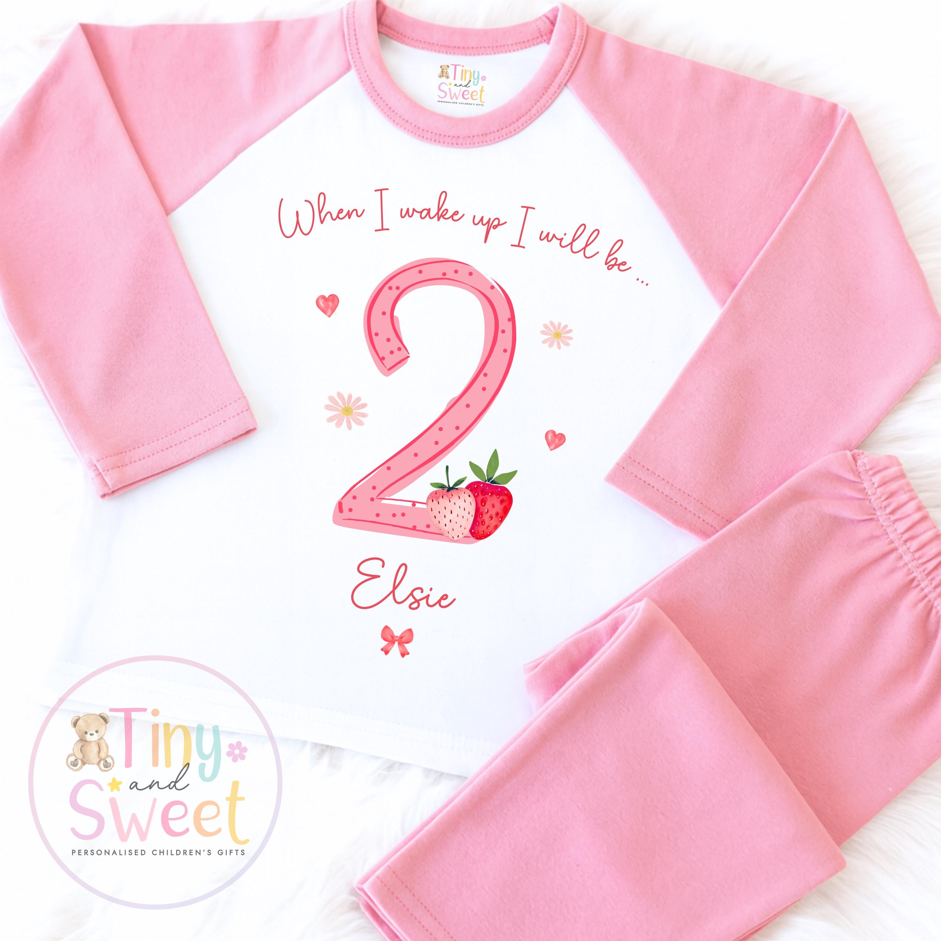 Strawberry Birthday Pyjamas, When I Wake Up I’ll Be, Strawberry PJs – When I Wake Up I’ll Be 1, 2, 3, Personalised Berry Birthday Pyjamas