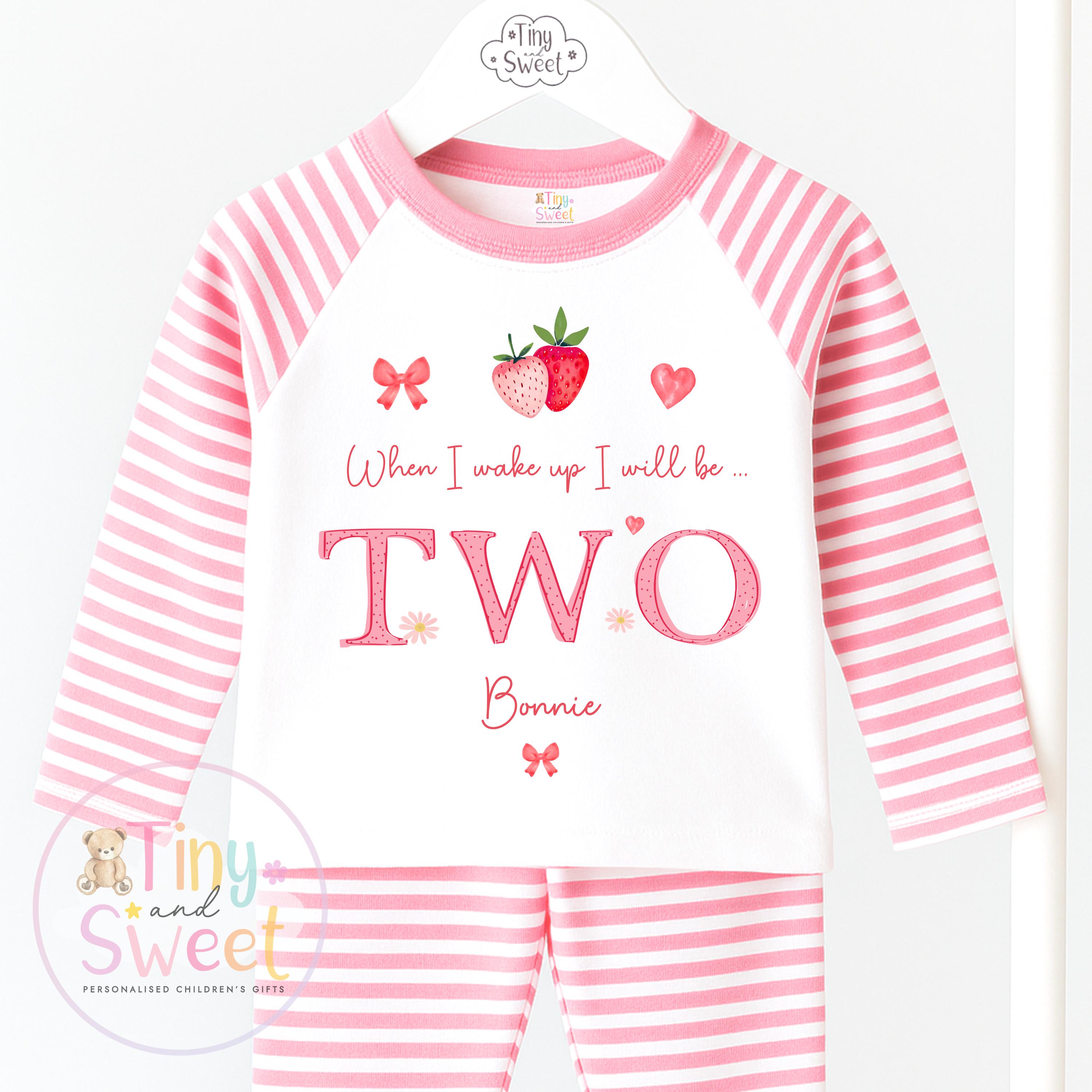 Strawberry Birthday Pyjamas, When I Wake Up I’ll Be, Strawberry PJs – When I Wake Up I’ll Be 1, 2, 3, Personalised Berry Birthday Pyjamas