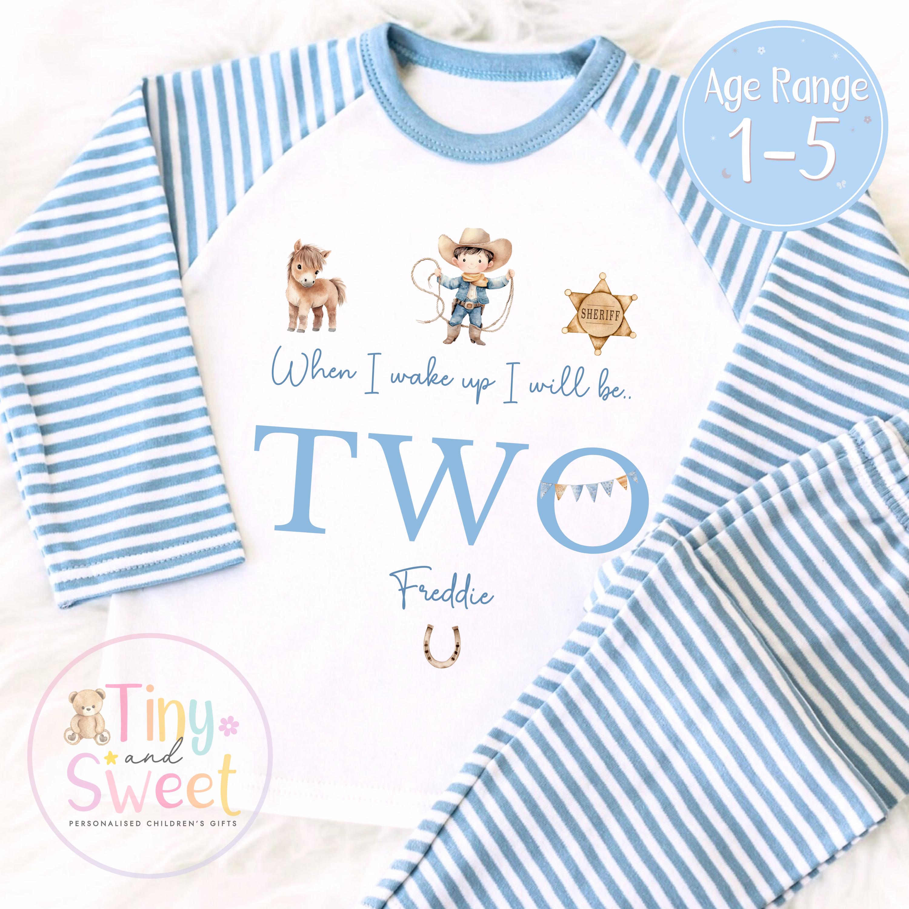 Cowboy Birthday Pyjamas, When I Wake Up I’ll Be, Rodeo Western PJs – When I Wake Up I’ll Be 1, 2, 3, Personalised Cowboy Woody Birthday Pjs
