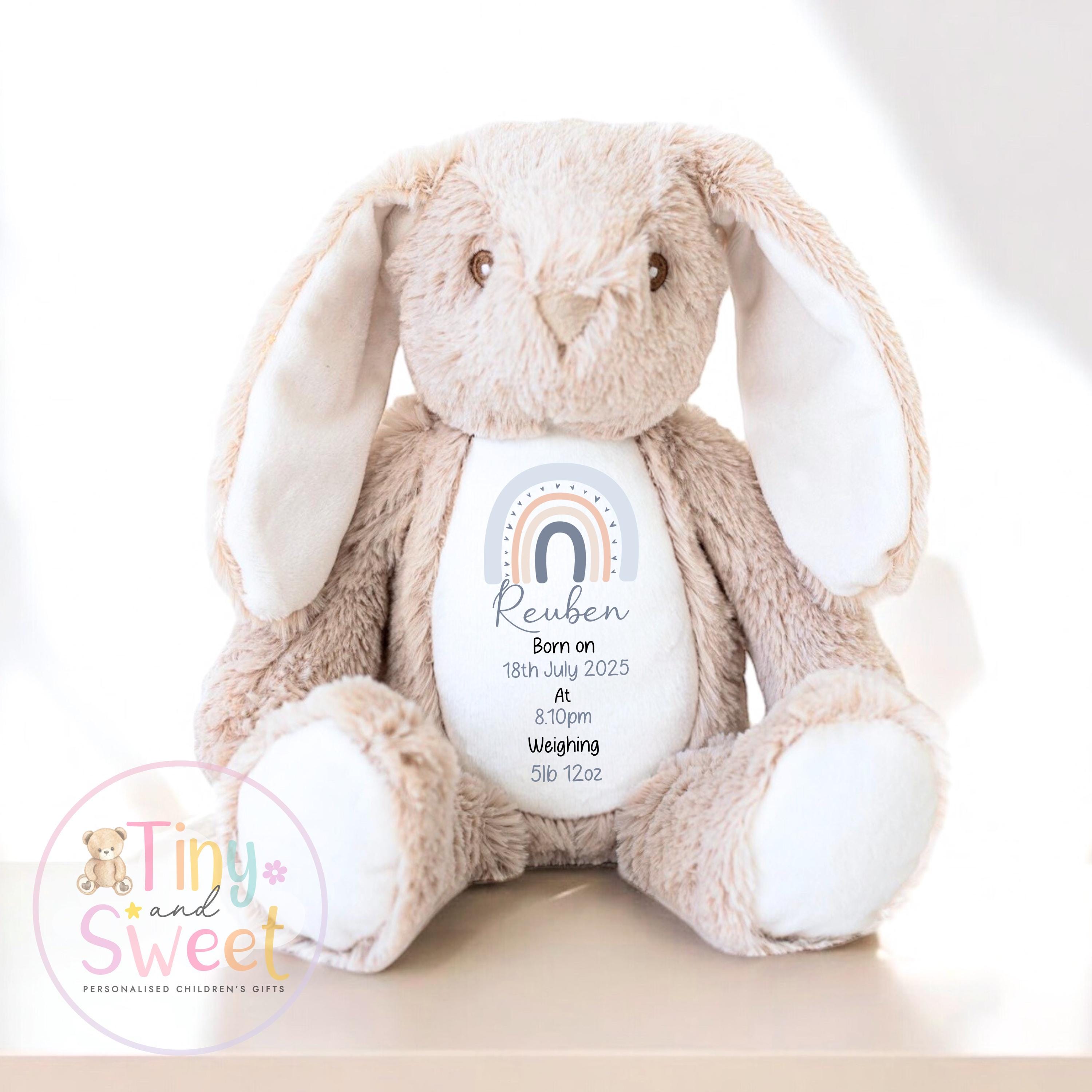 Personalised Birth Stat Bunny, Rainbow New Baby Gift, Newborn Baby Gift, Personalised Rainbow Bunny with Birth Details