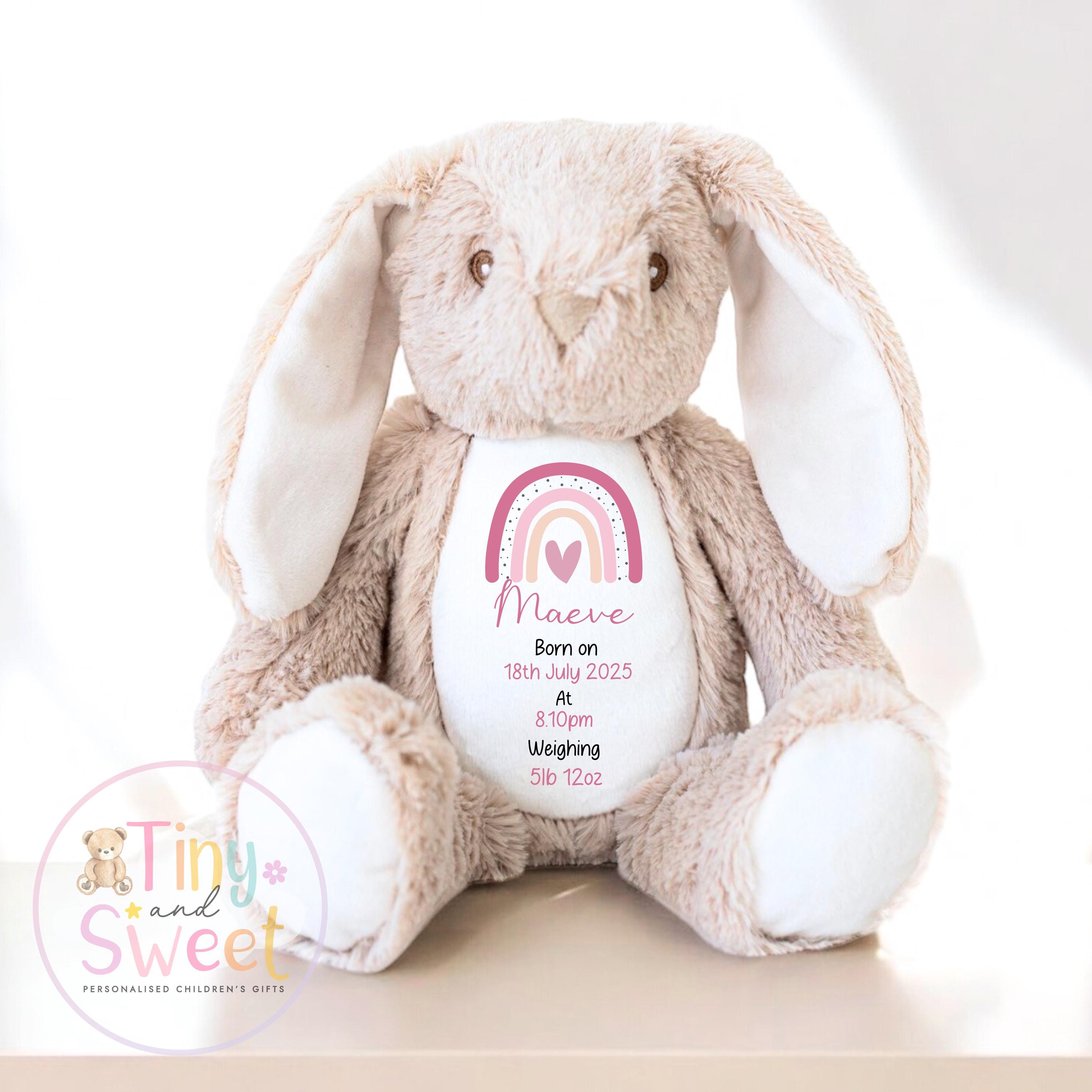 Personalised Birth Stat Bunny, Rainbow New Baby Gift, Newborn Baby Gift, Personalised Rainbow Bunny with Birth Details