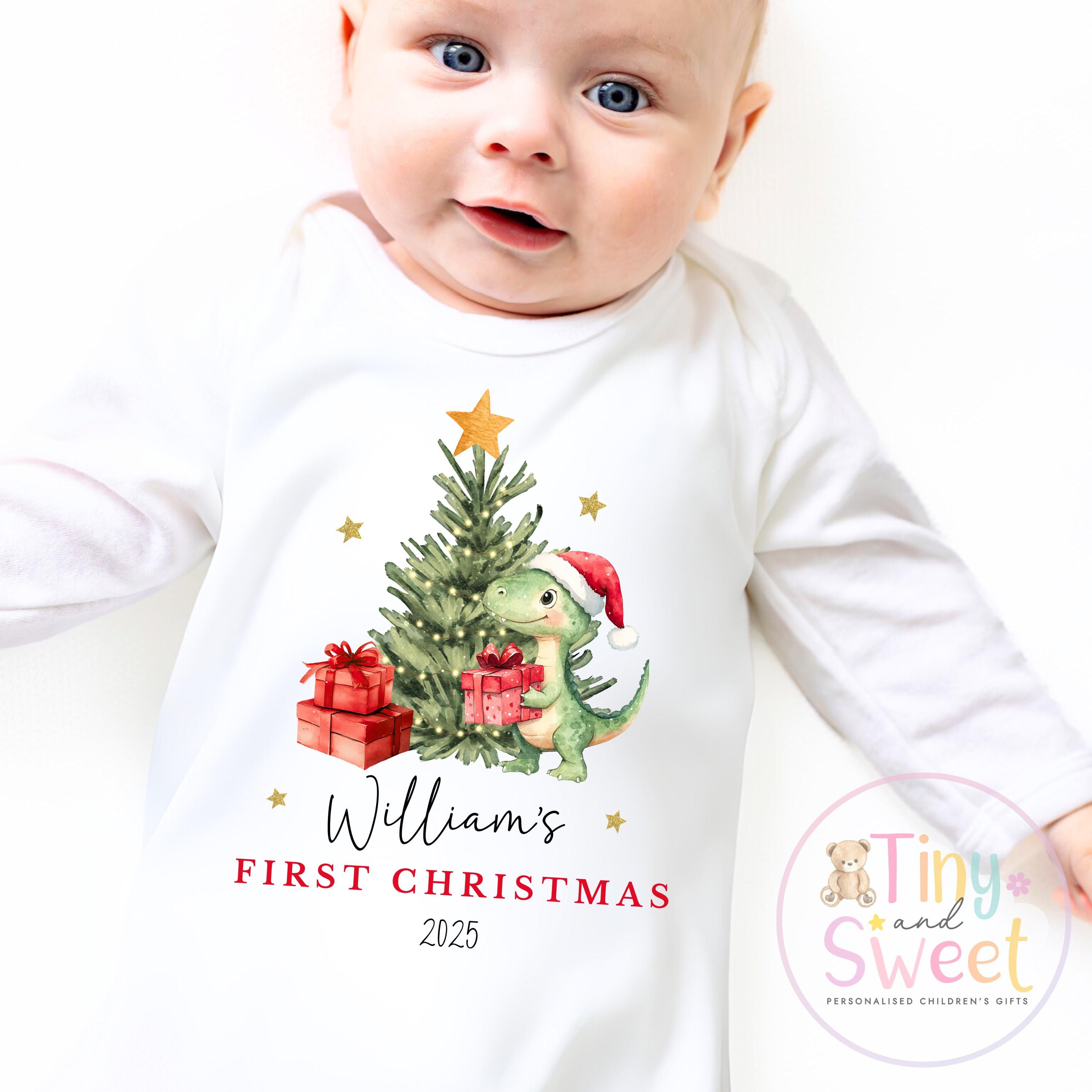 Personalised Babies First Christmas Dinosaur Sleepsuit, Babies 1st Xmas Gift Idea, Pyjamas, 1st Xmas Babygrow, Christmas Outfit for baby