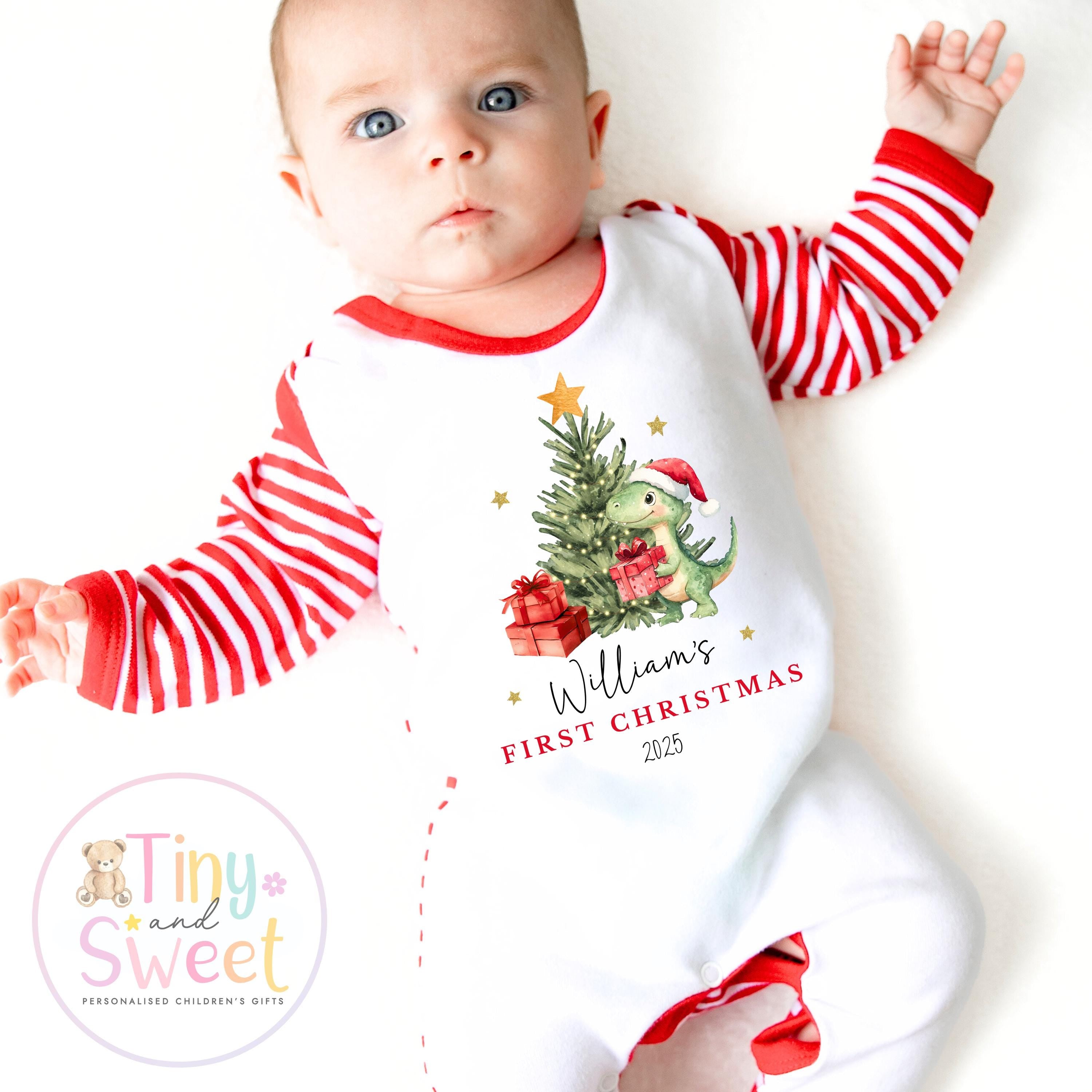 Personalised Babies First Christmas Dinosaur Sleepsuit, Babies 1st Xmas Gift Idea, Pyjamas, 1st Xmas Babygrow, Christmas Outfit for baby