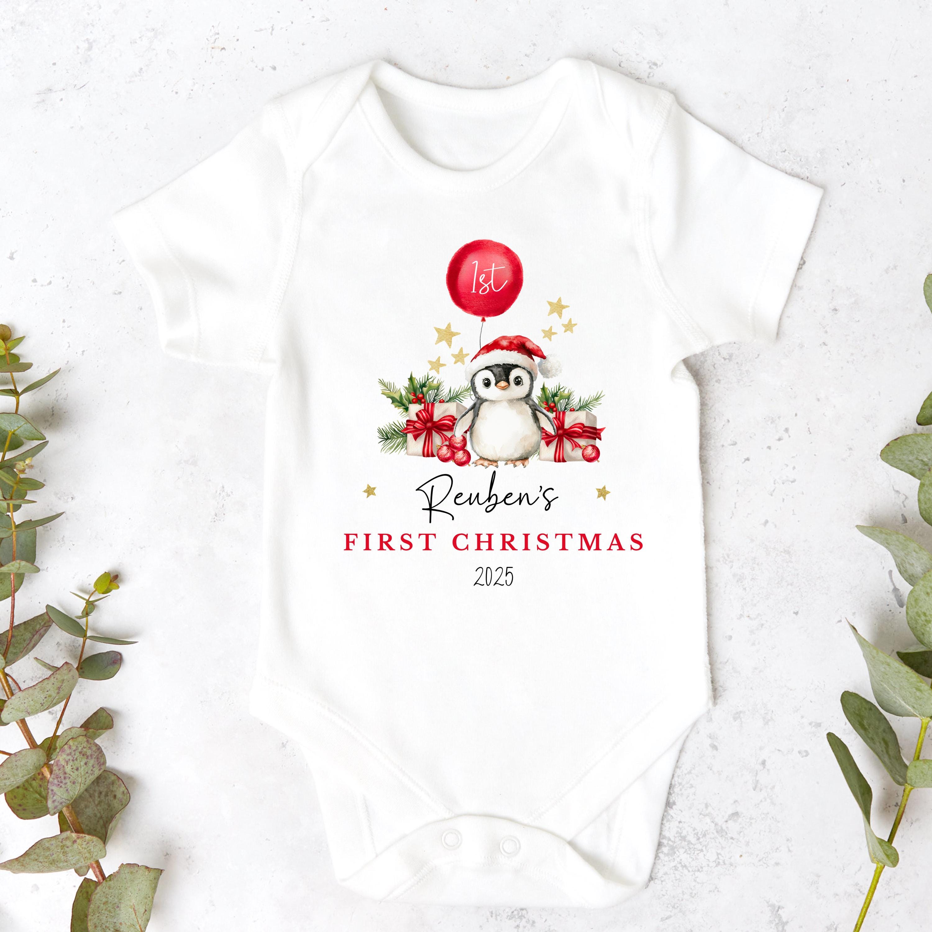 Personalised Babies First Christmas Penguin Sleepsuit, Babies 1st Xmas Gift Idea, Pyjamas, 1st Xmas Babygrow, Christmas Outfit for baby