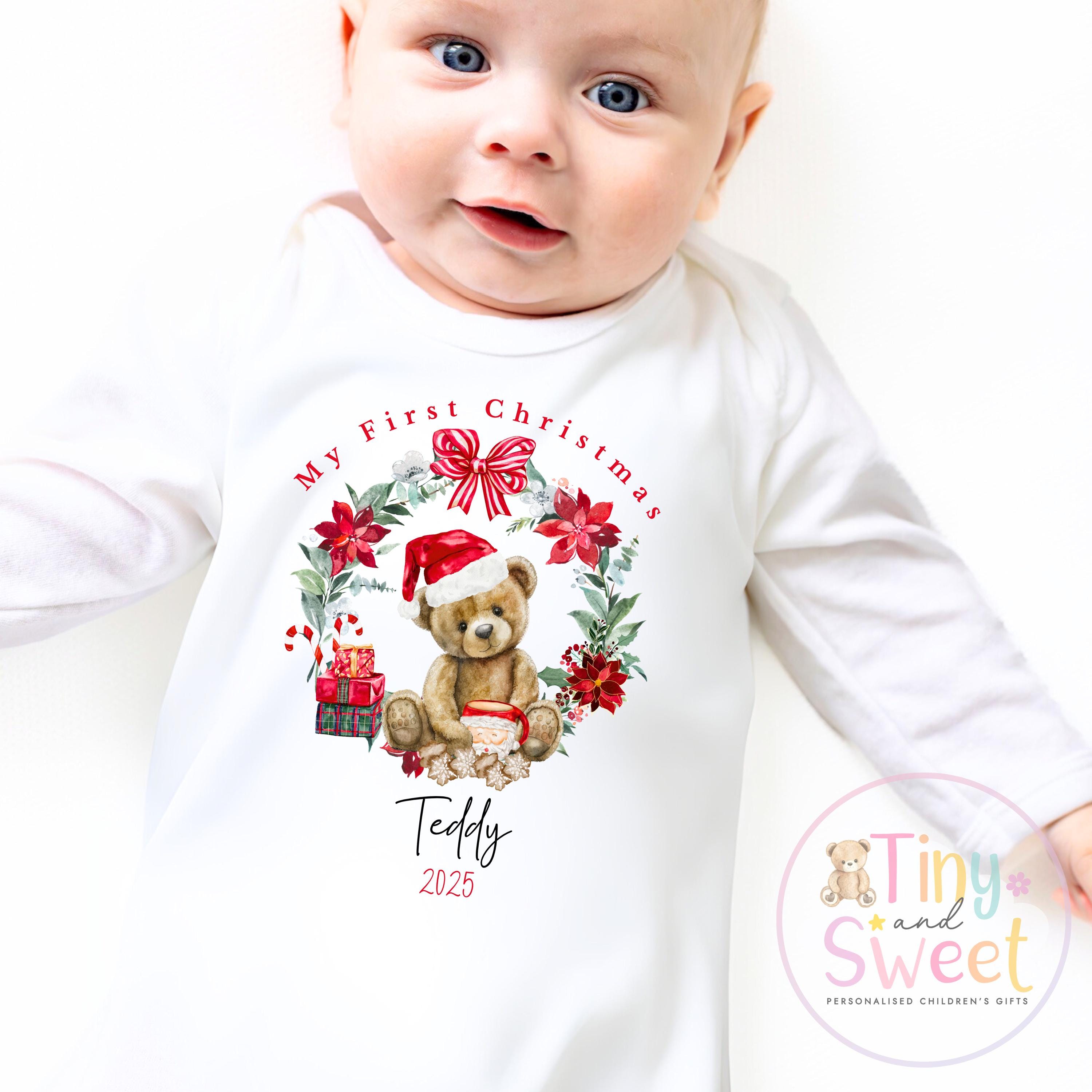 Personalised Babies First Christmas Teddy Bear Sleepsuit, Babies 1st Xmas Gift Idea, Pyjamas, 1st Xmas Babygrow, Christmas Outfit for baby