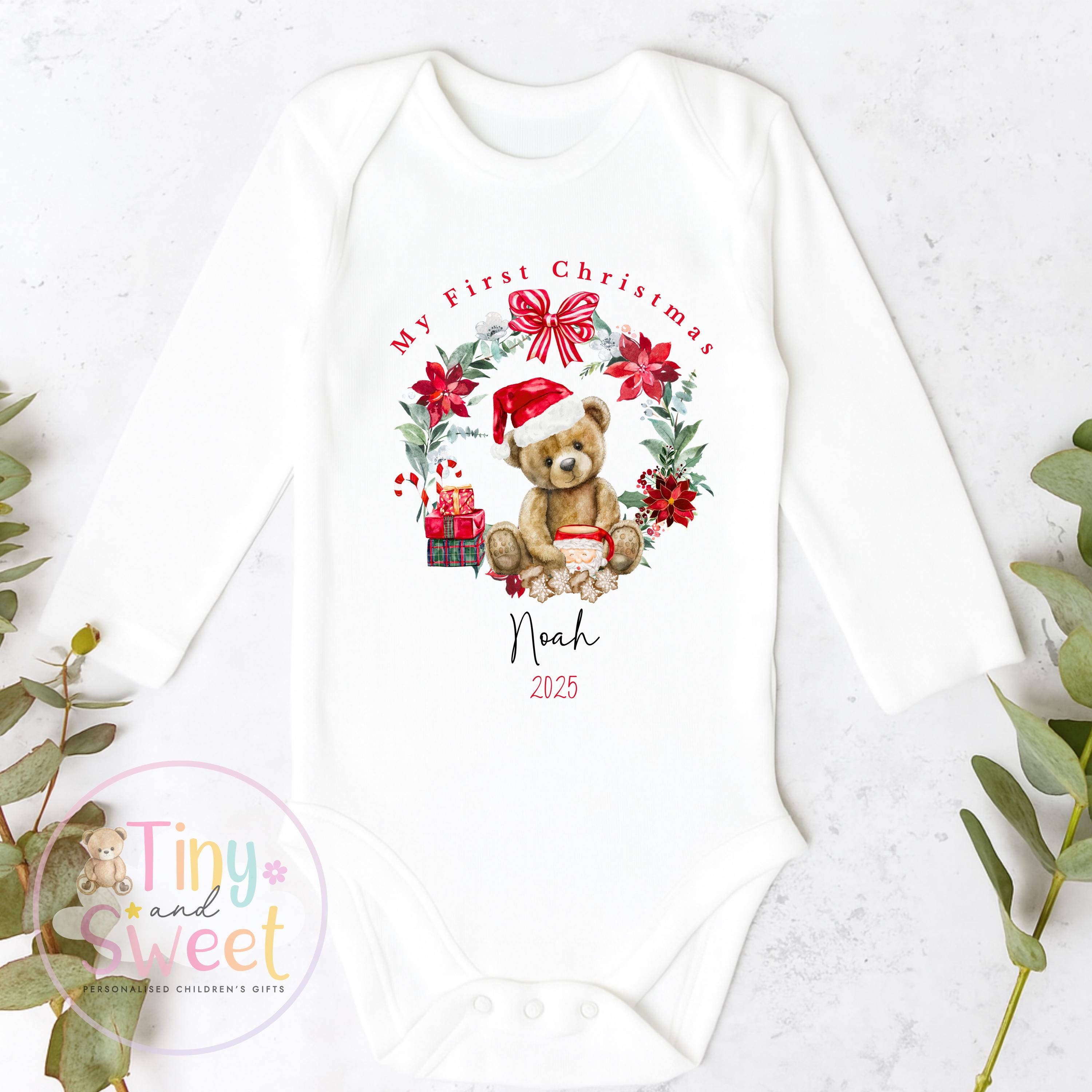 Personalised Babies First Christmas Teddy Bear Sleepsuit, Babies 1st Xmas Gift Idea, Pyjamas, 1st Xmas Babygrow, Christmas Outfit for baby