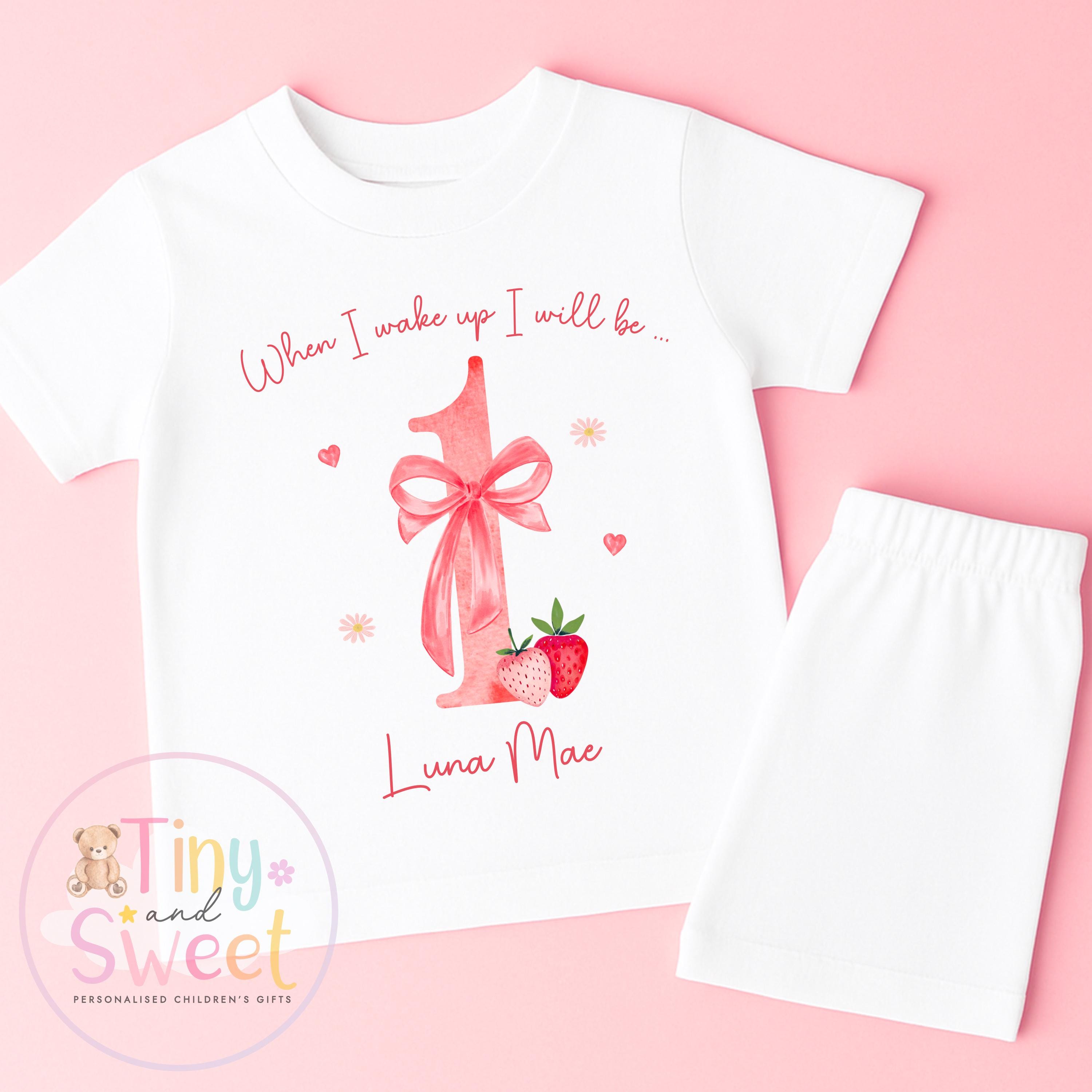 Strawberry Birthday Pyjamas, When I Wake Up I’ll Be, Strawberry PJs – When I Wake Up I’ll Be 1, 2, 3, Personalised Berry Birthday Pyjamas