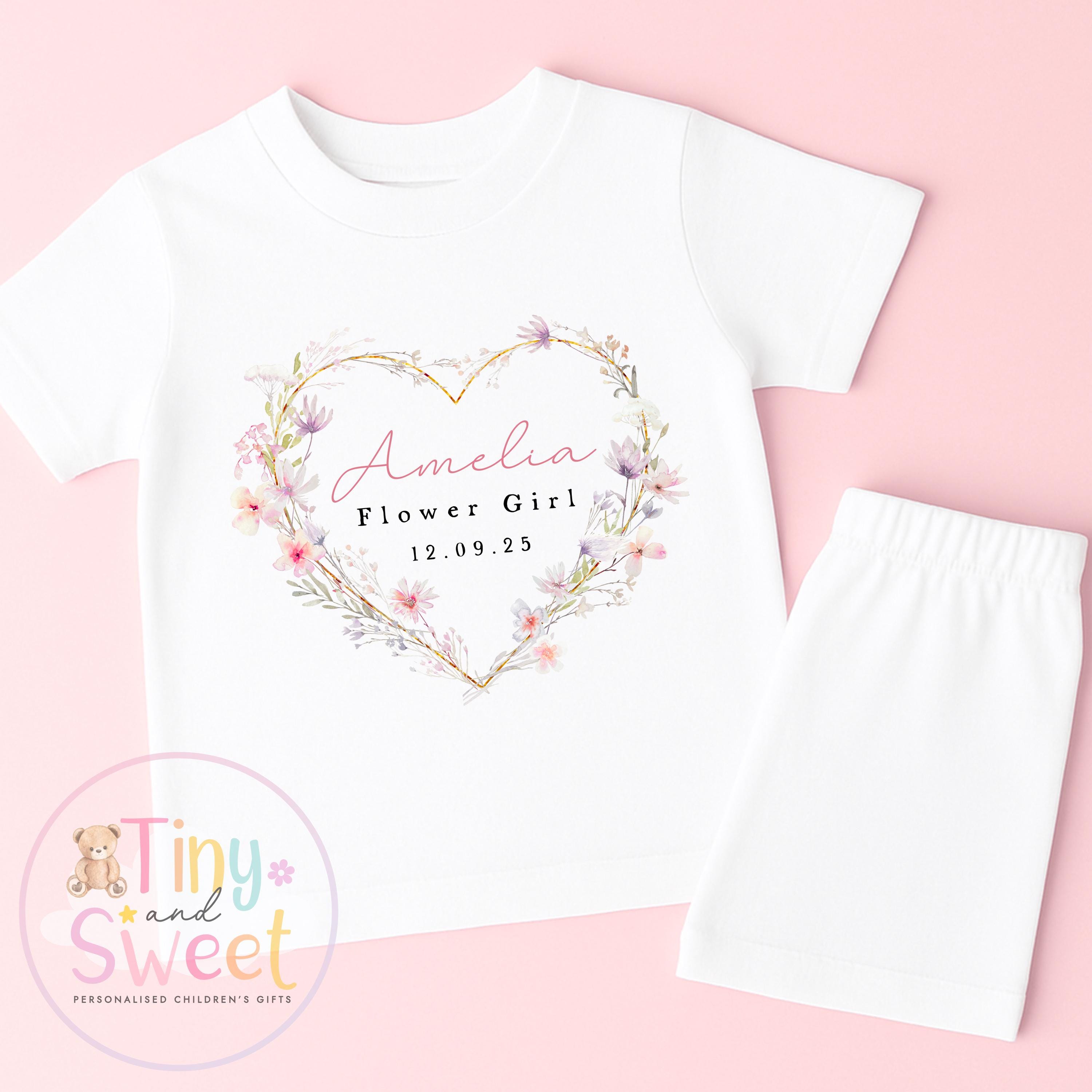 Flower Girl Personalised Pyjamas, Flower Girl Gift, White and pink Flower girl pjs, Personalised flower girl pjs, Kids Wedding Pyjamas