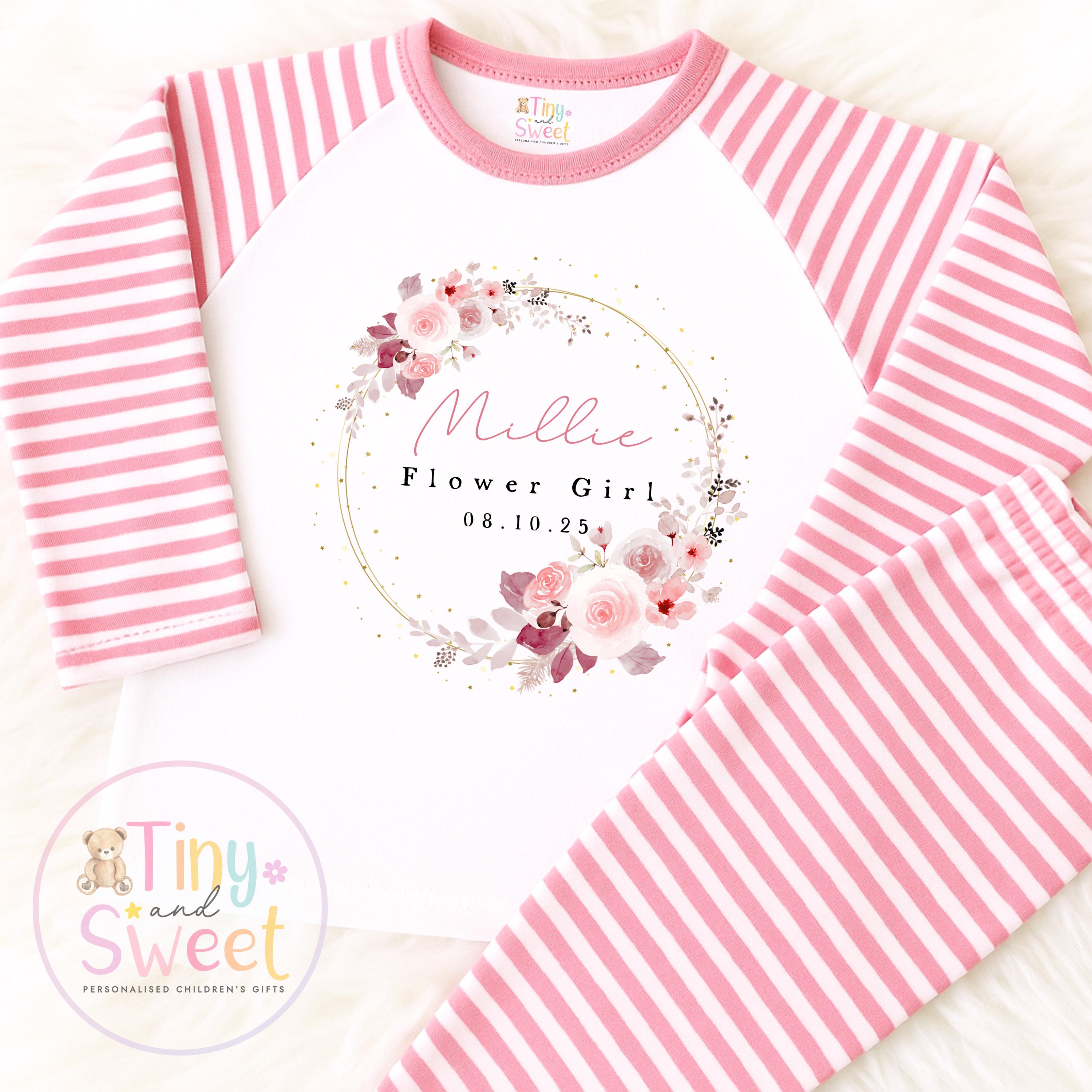 Flower Girl Personalised Pyjamas, Flower Girl Gift, White and pink Flower girl pjs, Personalised flower girl pjs, Kids Wedding Pyjamas