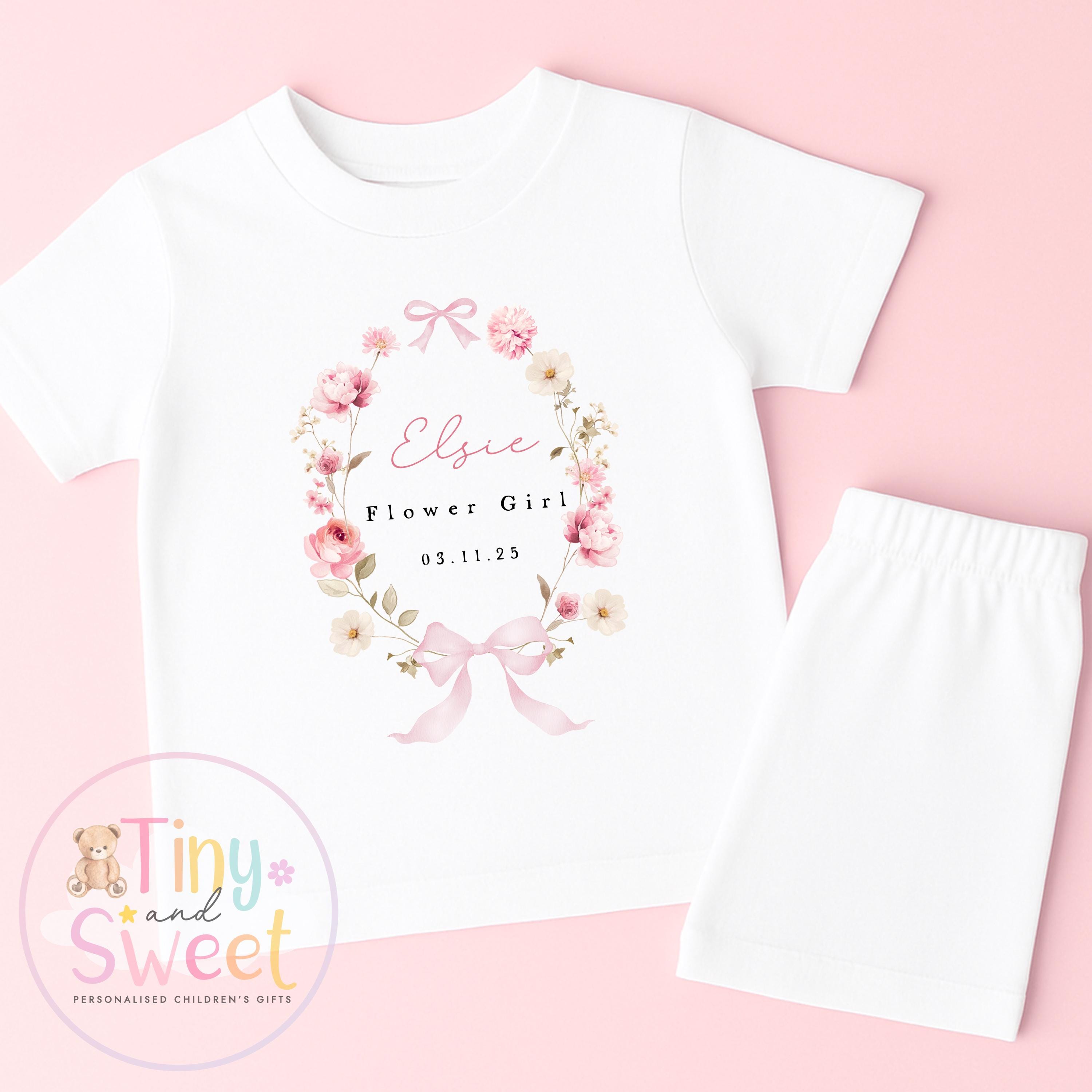 Flower Girl Personalised Pyjamas, Flower Girl Gift, White and pink Flower girl pjs, Personalised flower girl pjs, Kids Wedding Pyjamas