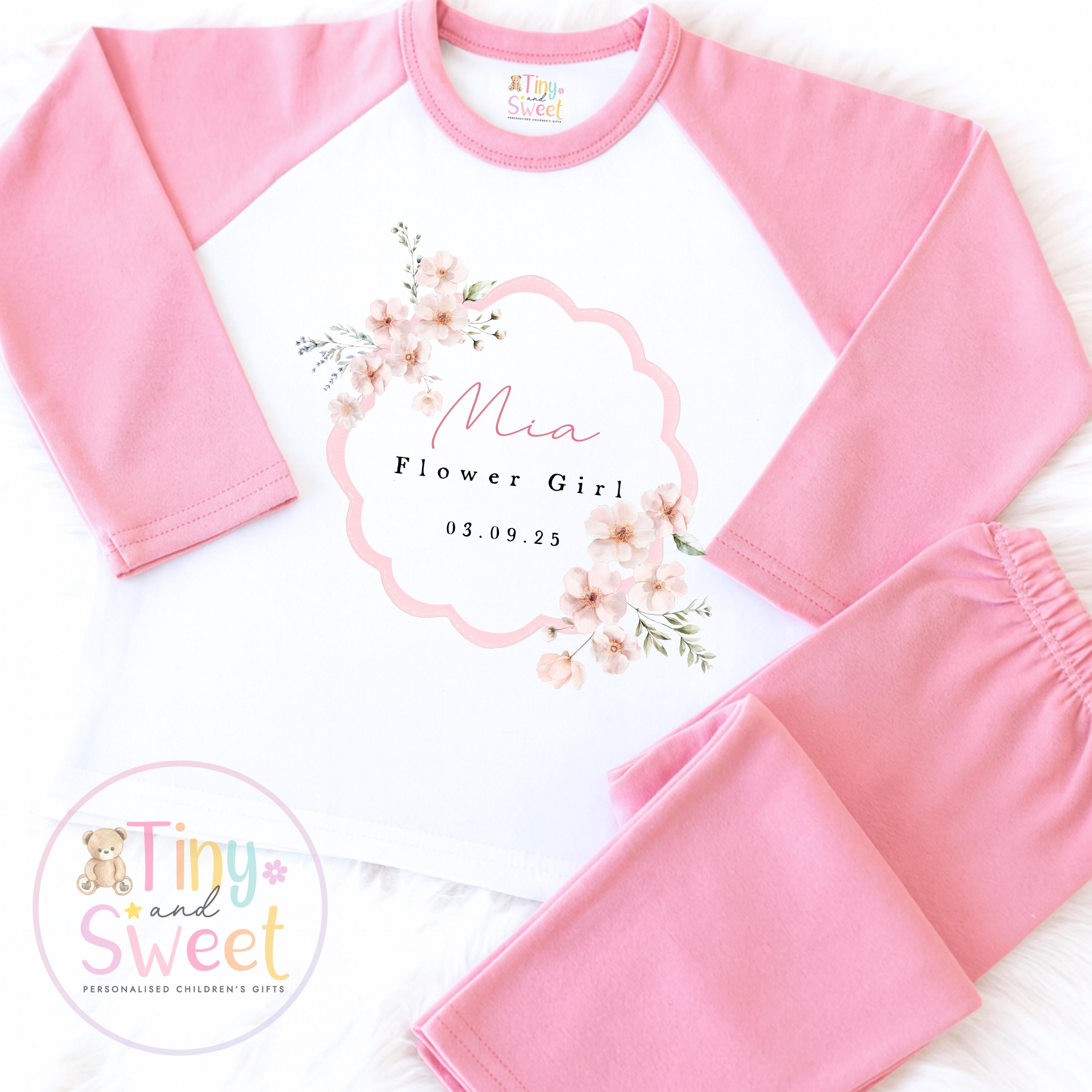 Flower Girl Personalised Pyjamas, Flower Girl Gift, White and pink Flower girl pjs, Personalised flower girl pjs, Kids Wedding Pyjamas