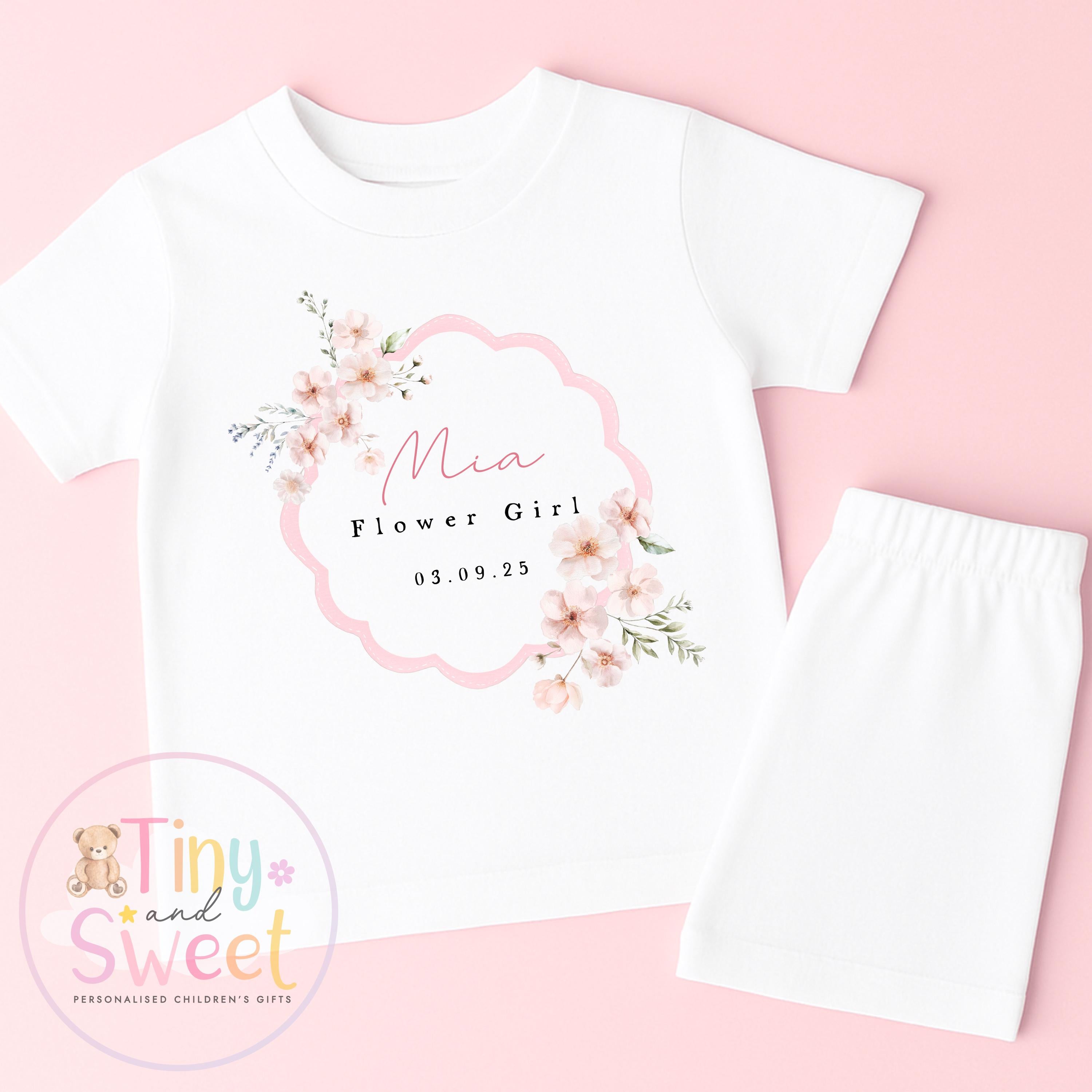 Flower Girl Personalised Pyjamas, Flower Girl Gift, White and pink Flower girl pjs, Personalised flower girl pjs, Kids Wedding Pyjamas