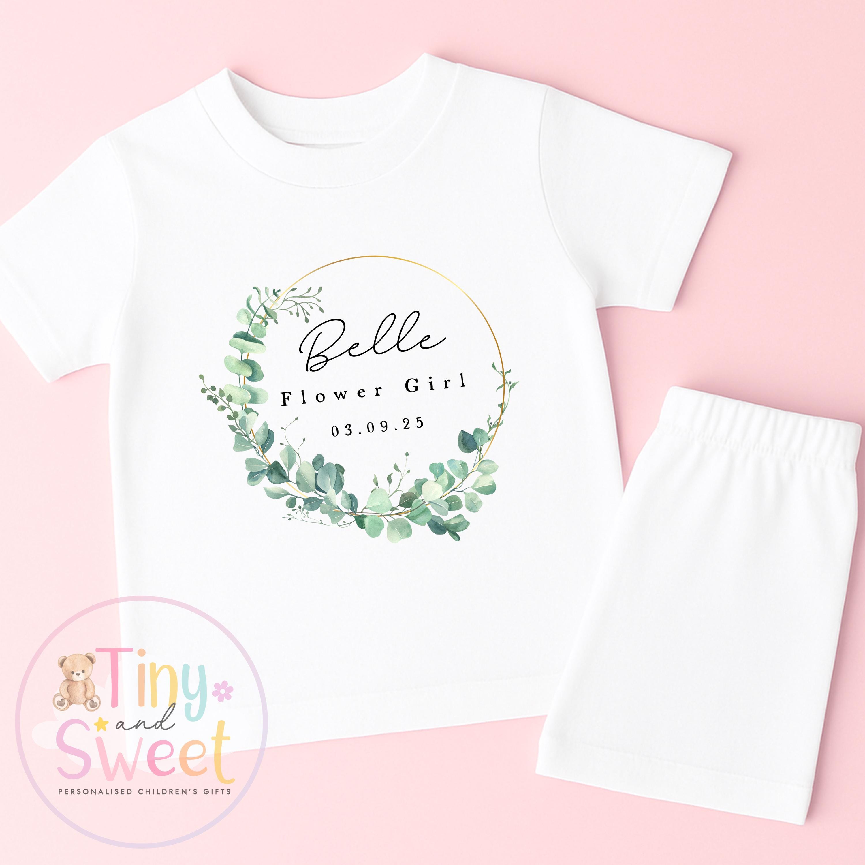 Flower Girl Personalised Pyjamas, Flower Girl Gift, White and pink Flower girl pjs, Personalised flower girl pjs, Kids Wedding Pyjamas