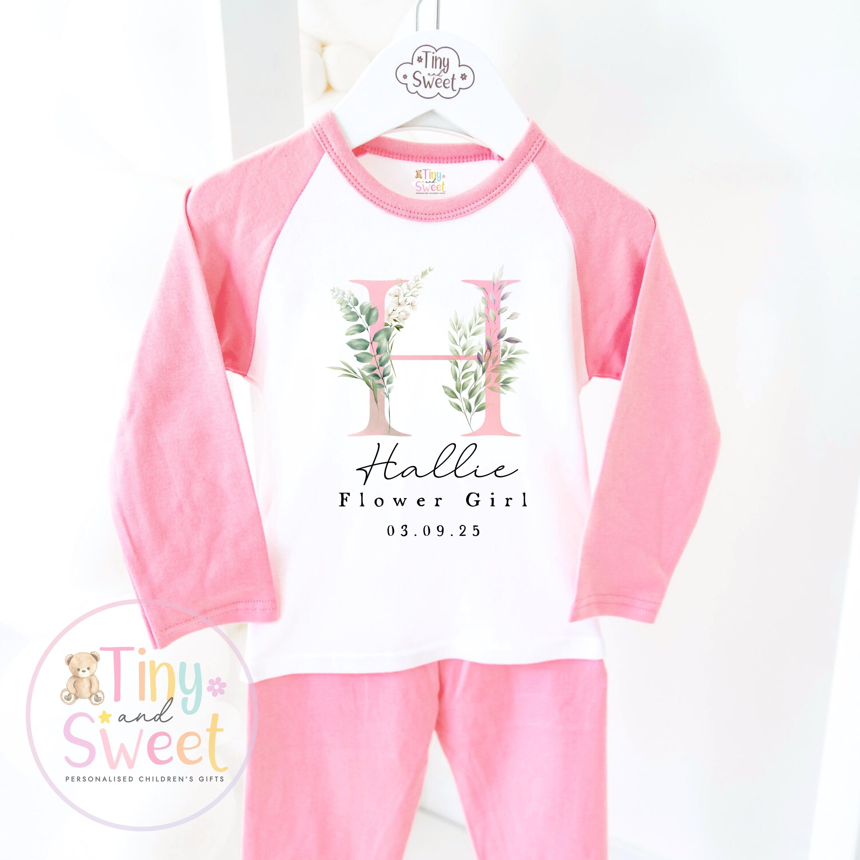 Flower Girl Personalised Initial Pyjamas, Flower Girl Gift, White and pink Flower girl pjs, Personalised flower girl pjs, Kids