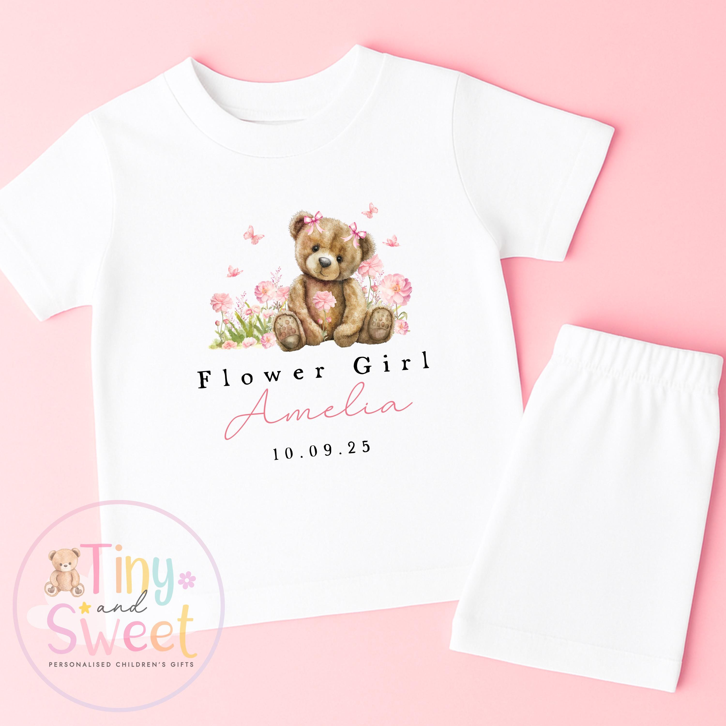Flower Girl Personalised Pyjamas, Flower Girl Gift, White and pink Flower girl pjs, Personalised flower girl pjs, Kids Wedding Pyjamas
