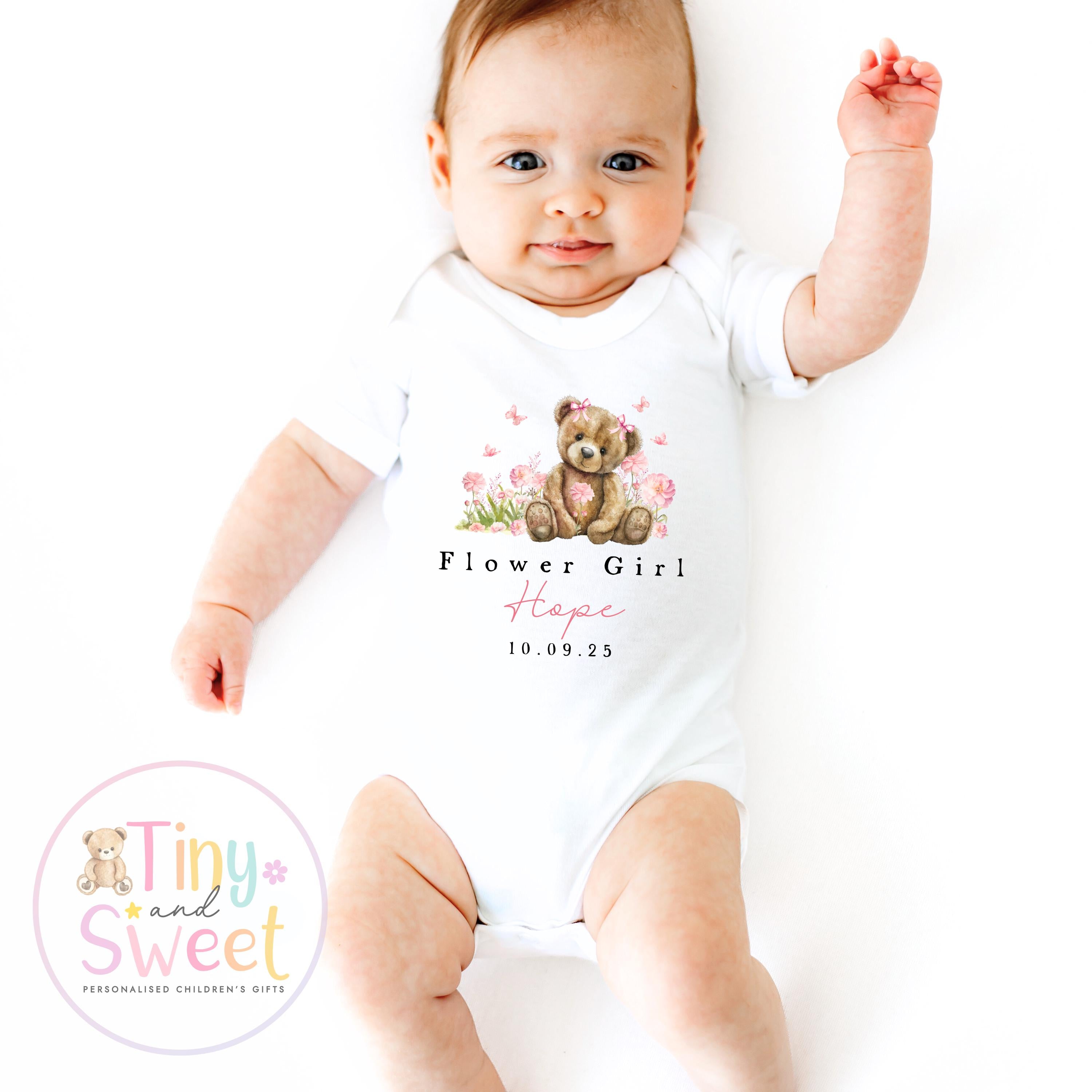 Flower Girl Teddy Bear Sleepsuit, Baby Flower Girl Babygrow, Flower Girl Pyjamas, Will you be my flower girl, Flower Girl Gift
