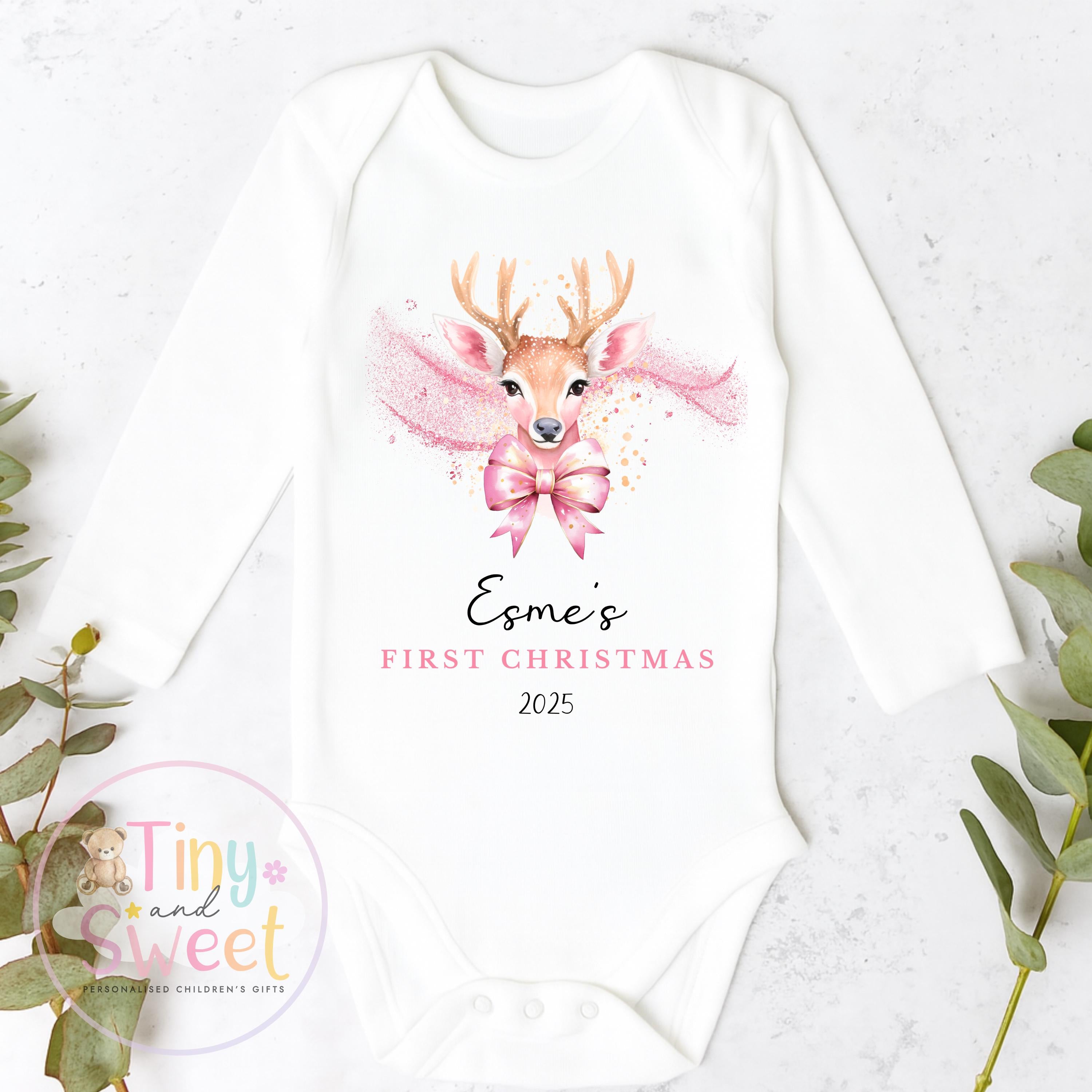 Personalised Babies First Christmas Sleepsuit, Babies 1st Xmas Gift Idea, Pyjamas, 1st XmasBabygrow, Christmas Outfit for baby,Pink Reindeer