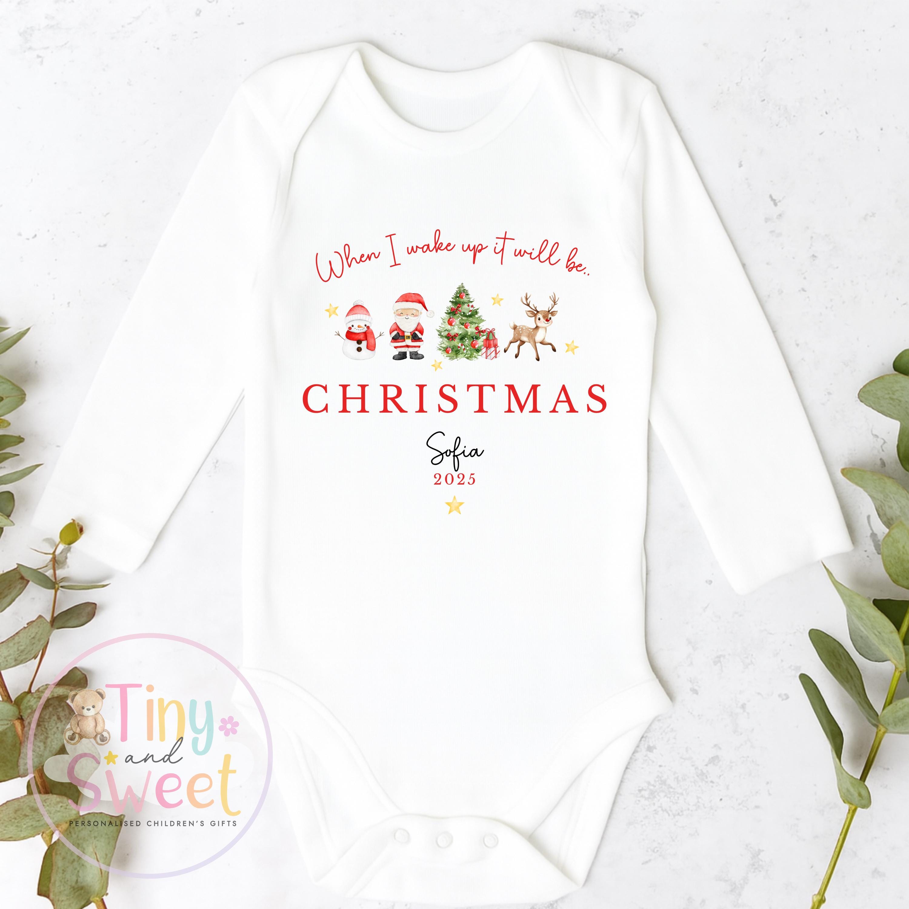 When I wake up it will be Christmas Sleepsuit, Christmas Eve Pyjamas, Christmas Nightwear, Childrens Christmas Vest, First Christmas