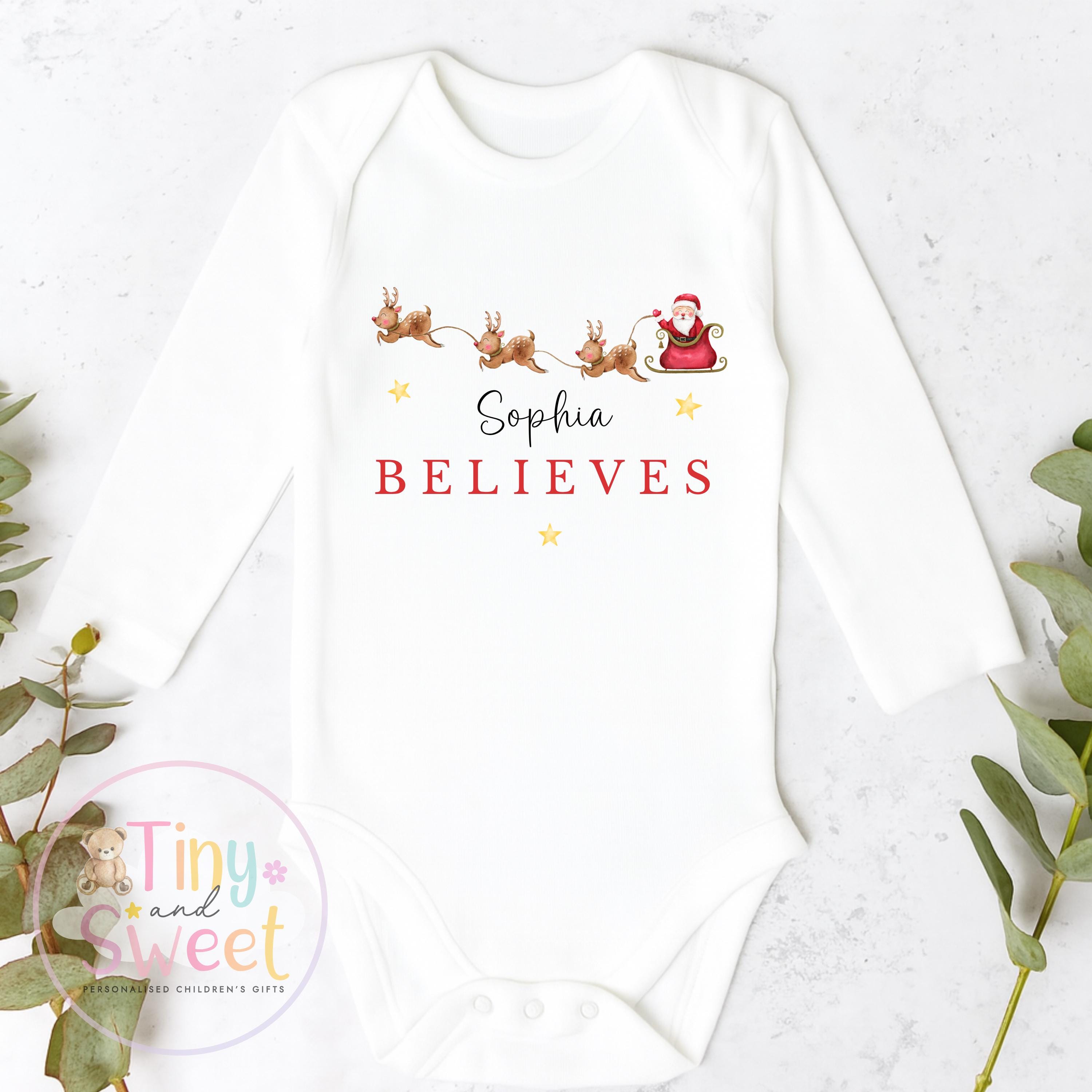 Christmas Believes Sleepsuit, Christmas Eve Pyjamas, Christmas Nightwear, Childrens Christmas Vest, First Christmas