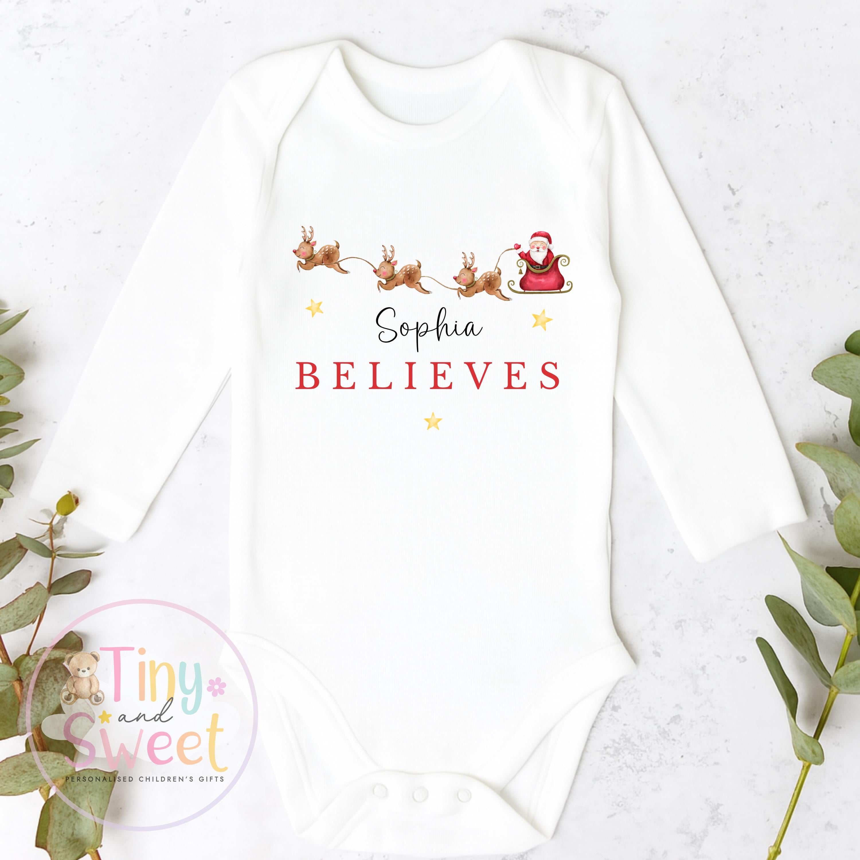 Christmas Believes Sleepsuit, Christmas Eve Pyjamas, Christmas Nightwear, Childrens Christmas Vest, First Christmas