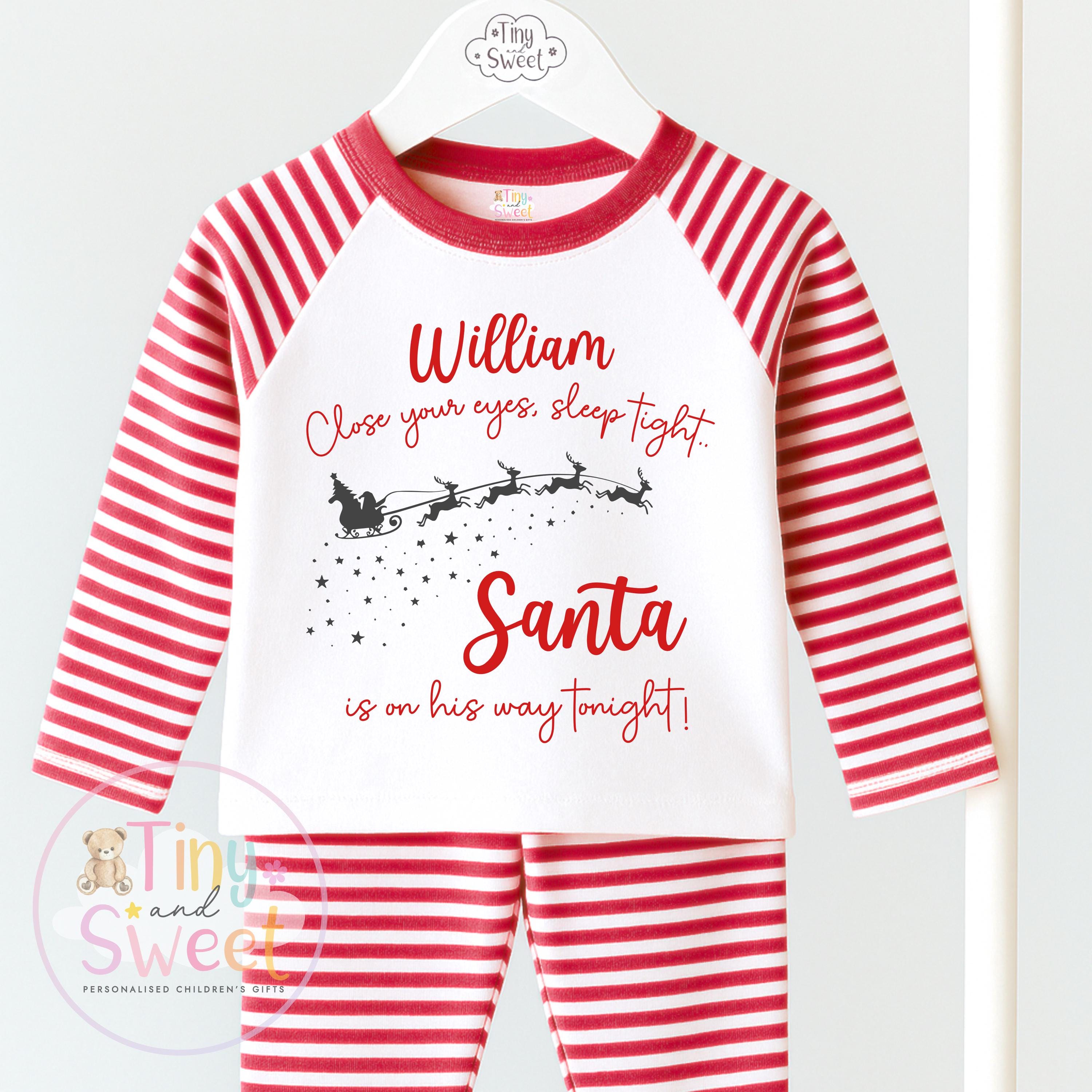 Personalised Christmas Pyjamas, Santa on his way, Christmas Eve Pyjamas, Christmas Nightwear, Childrens Christmas pjs,Xmas pjs