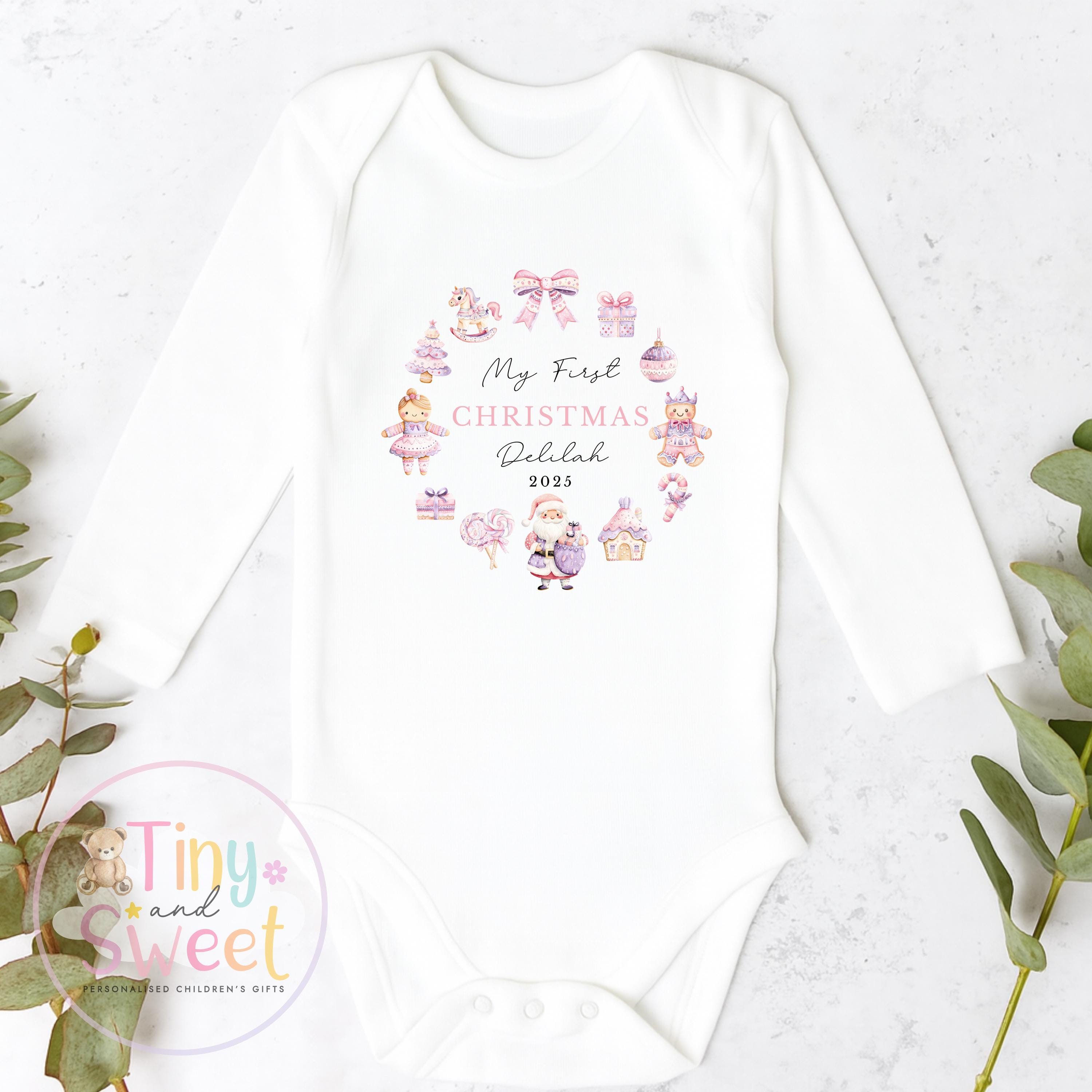 Personalised Girls First Christmas Wreath Sleepsuit, Babies 1st Xmas Gift Idea, Pyjamas, 1st Xmas Babygrow, Christmas Outfit for baby