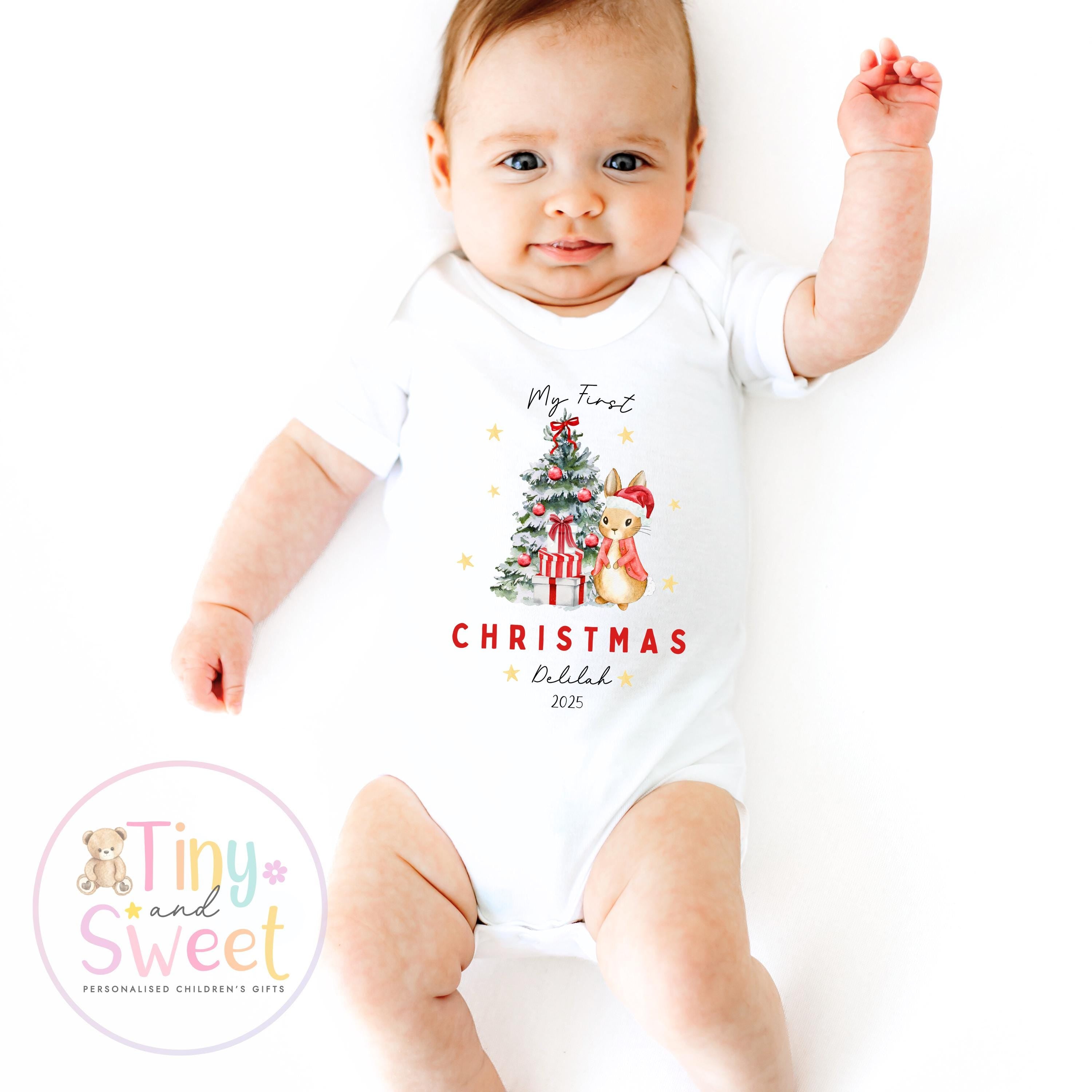 Personalised Babies First Christmas Bunny Sleepsuit, Babies 1st Xmas Gift Idea, Pyjamas, 1st Xmas Babygrow, Christmas Outfit for baby