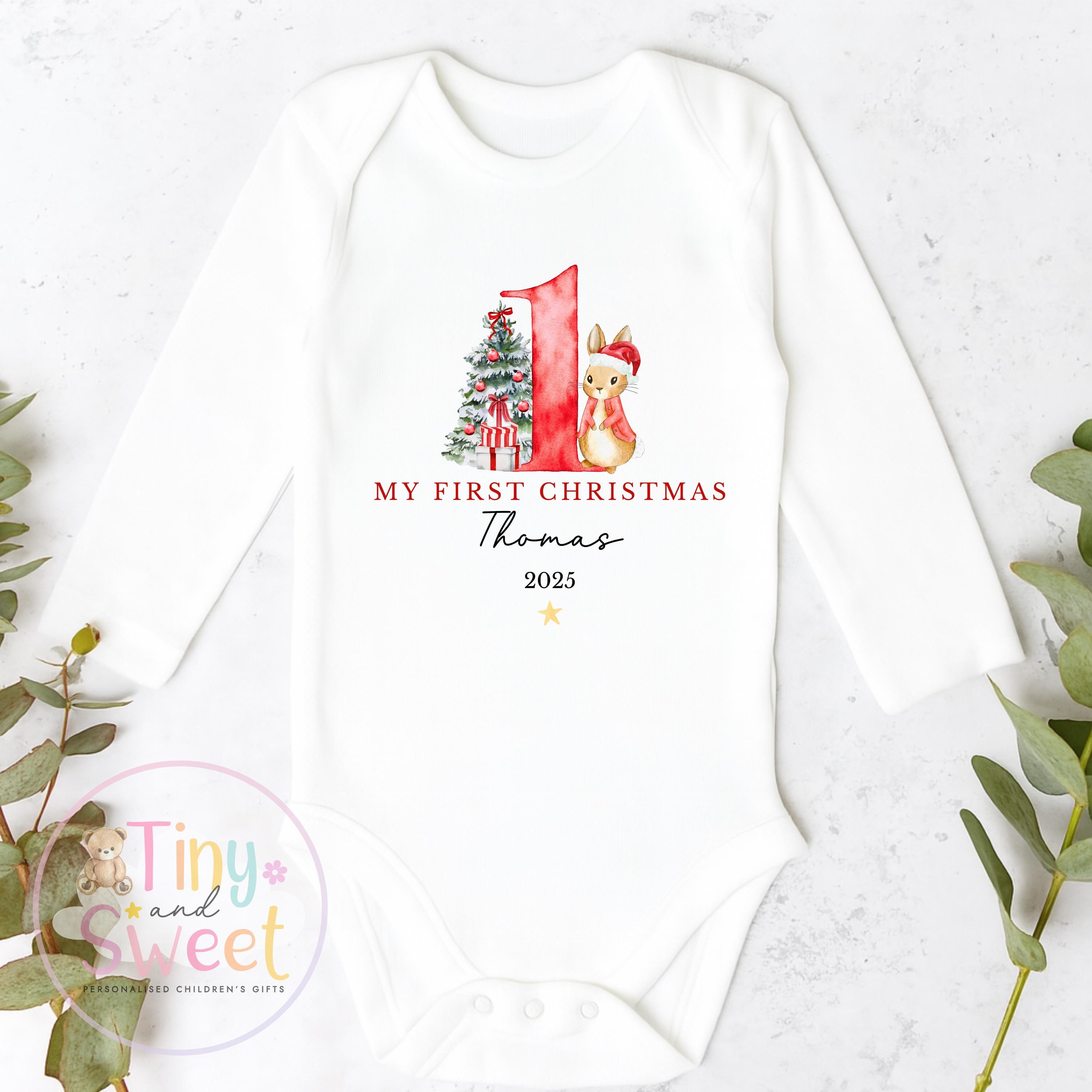 Personalised Babies First Christmas Bunny Sleepsuit, Babies 1st Xmas Gift Idea, Pyjamas, 1st Xmas Babygrow, Christmas Outfit for baby
