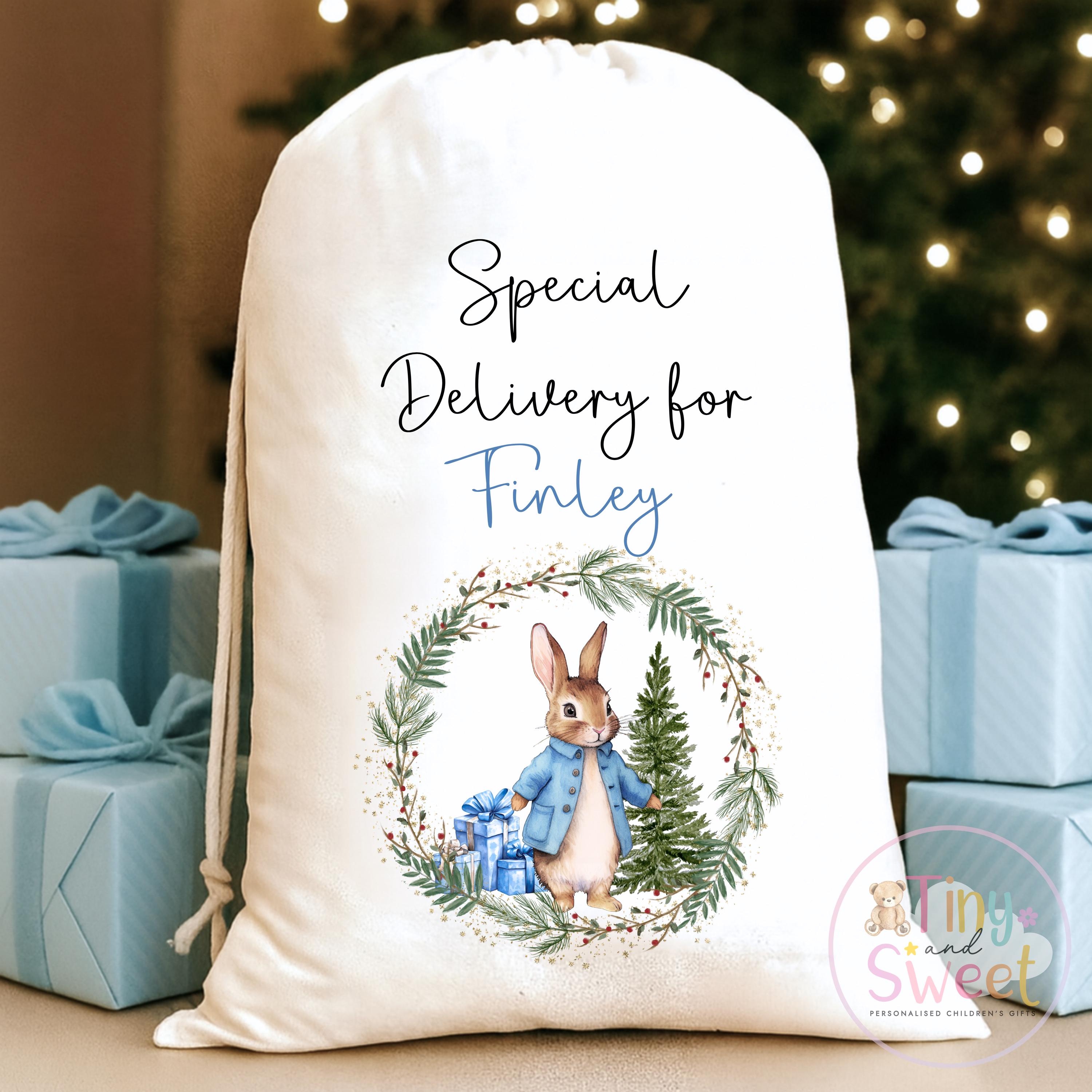 Pink Bunny Wreath Personalised Christmas Sack