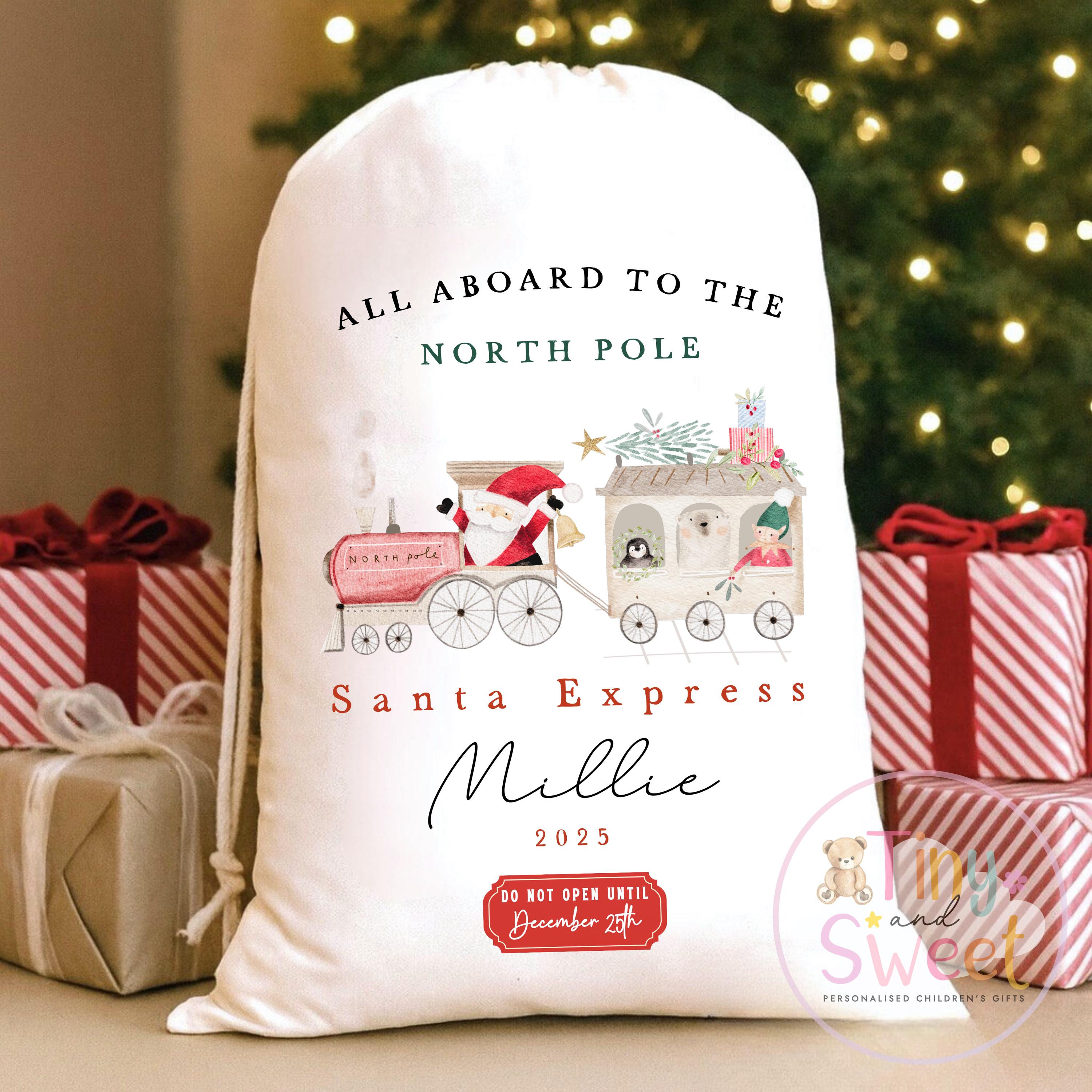 Personalised Christmas Sack, Personalised Christmas Bag, Santa sack, Train Christmas, Christmas Eve Bag, Custom Baby Gift, Baby Girl/Boy