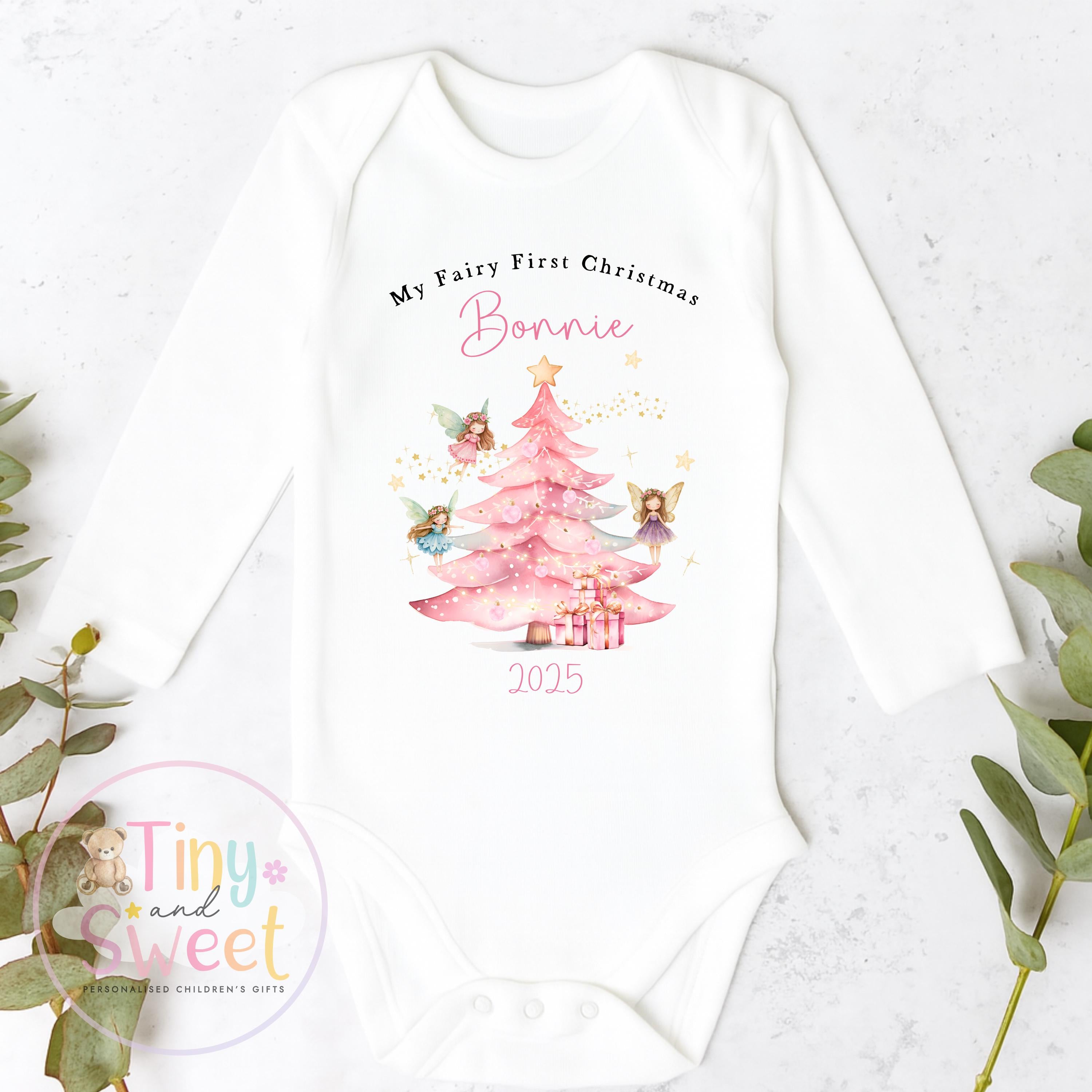 Fairy First Christmas Baby Grow , My First Christmas, Custom Name Sleepsuit, Baby’s First Christmas, Personalised Christmas Baby Outfit
