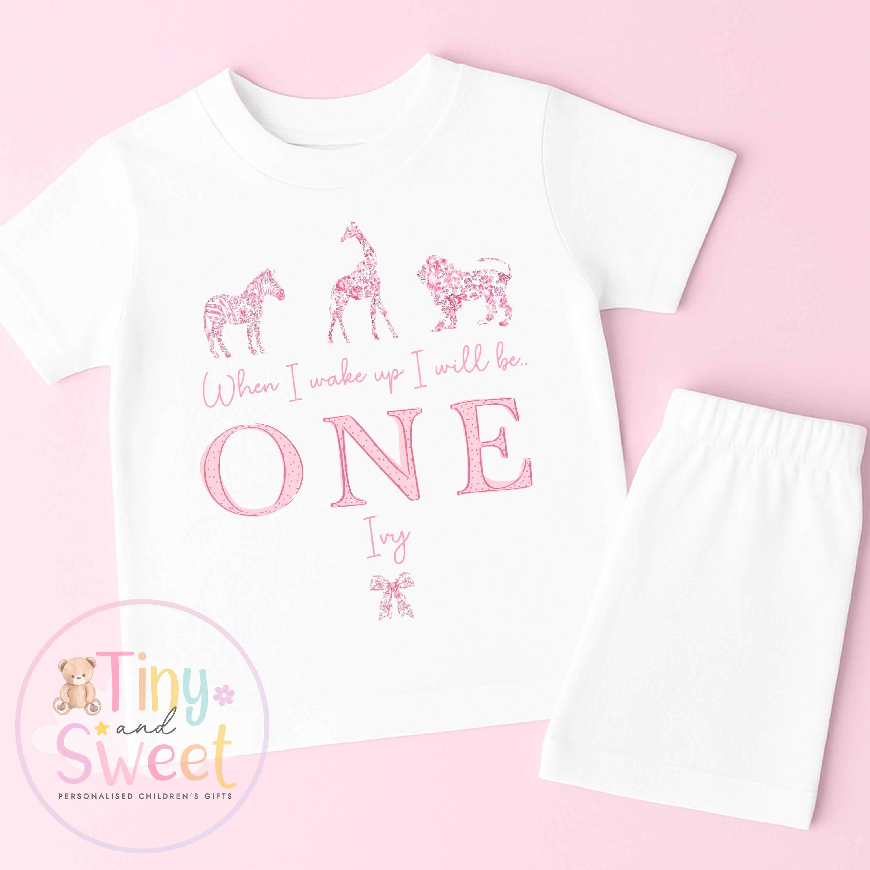 Personalised Safari Toile Pyjamas, Pink Toile Animals Pyjamas, When i wake up i&