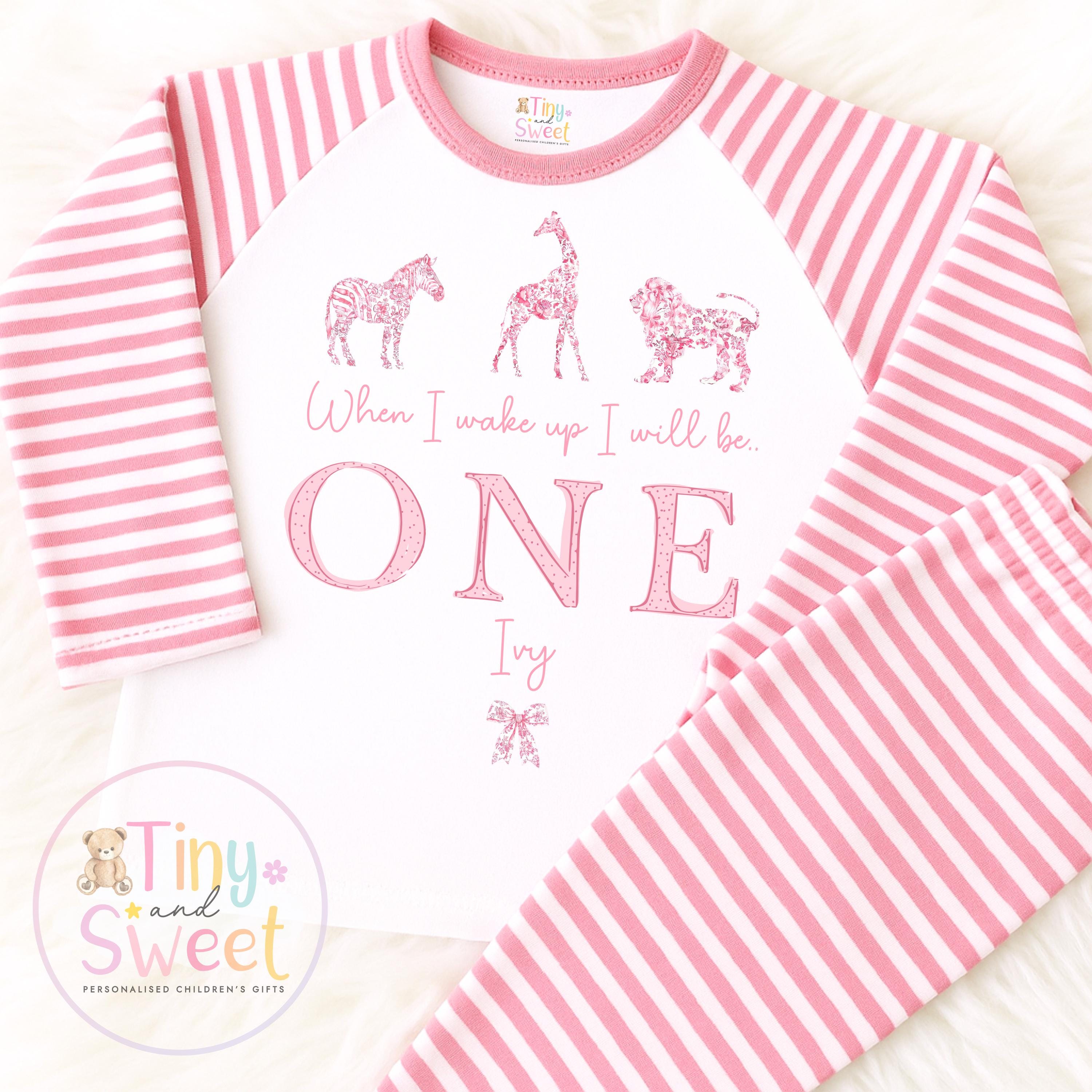 Personalised Safari Toile Pyjamas, Pink Toile Animals Pyjamas, When i wake up i&