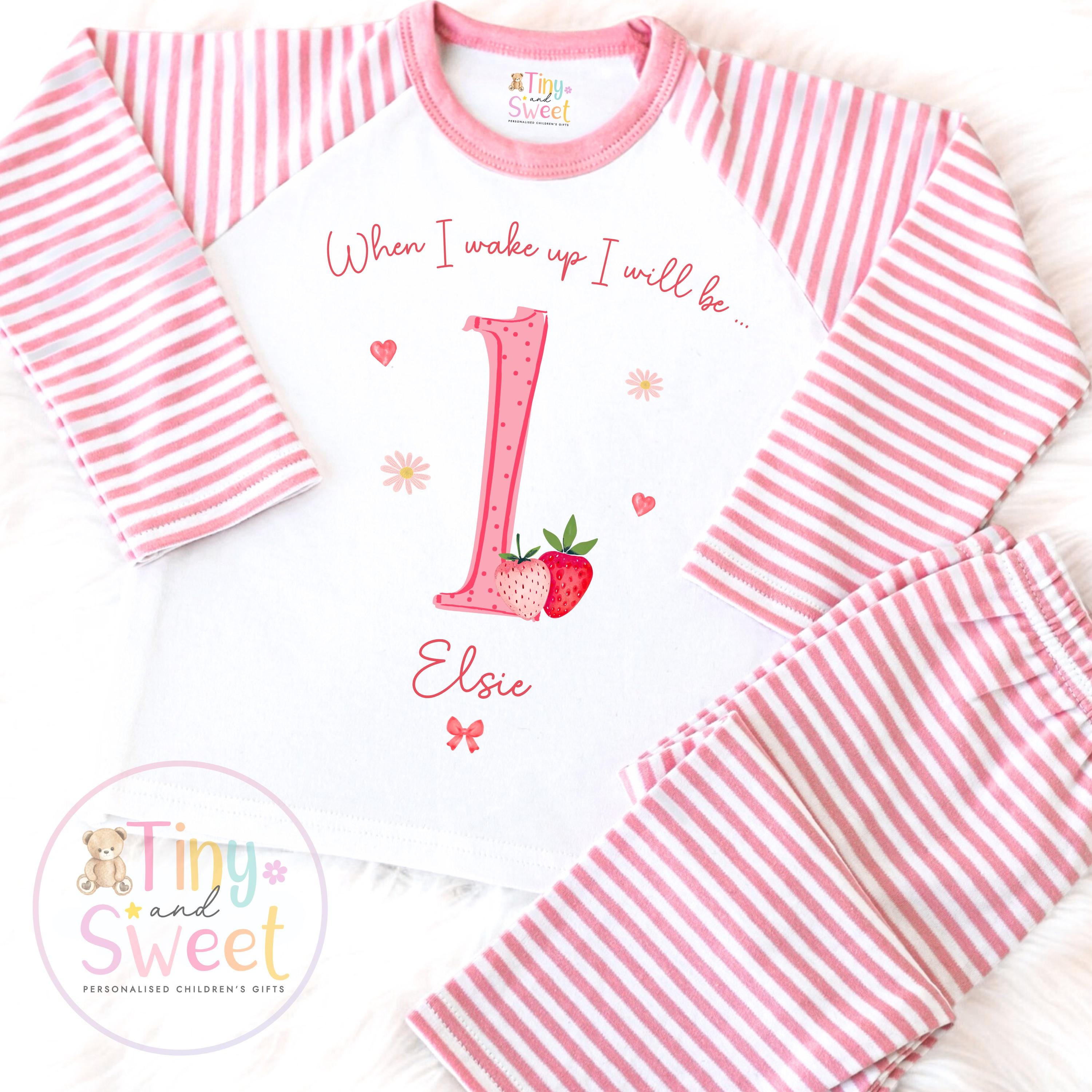 Strawberry Birthday Pyjamas, When I Wake Up I’ll Be, Strawberry PJs – When I Wake Up I’ll Be 1, 2, 3, Personalised Berry Birthday Pyjamas