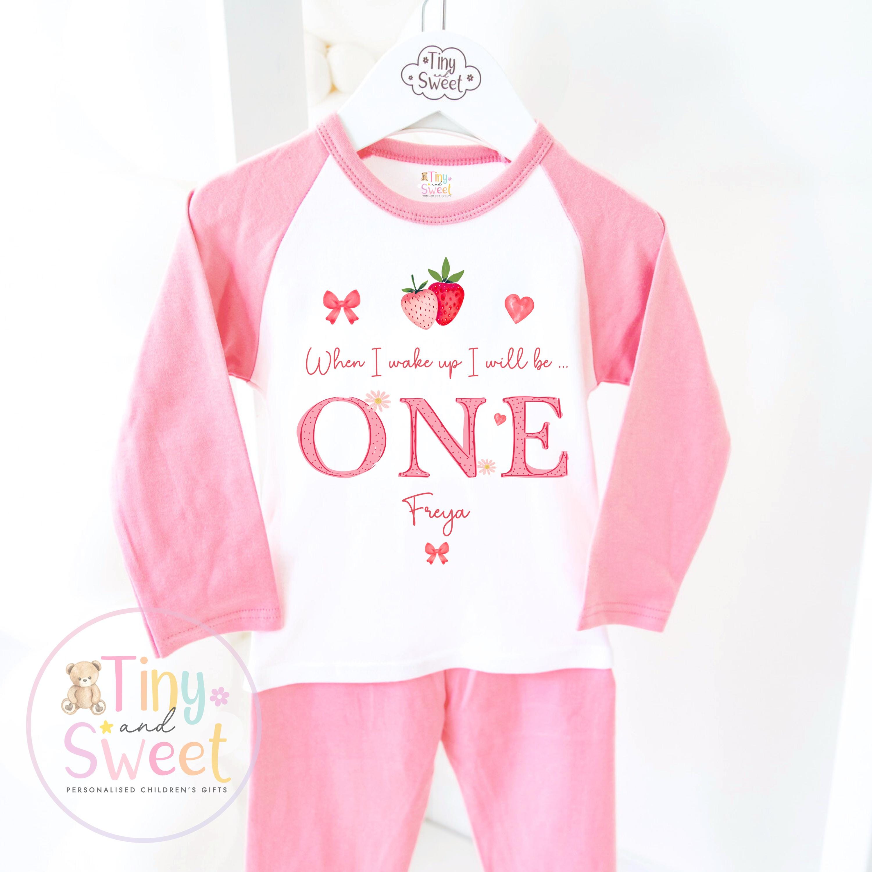 Strawberry Birthday Pyjamas, When I Wake Up I’ll Be, Strawberry PJs – When I Wake Up I’ll Be 1, 2, 3, Personalised Berry Birthday Pyjamas