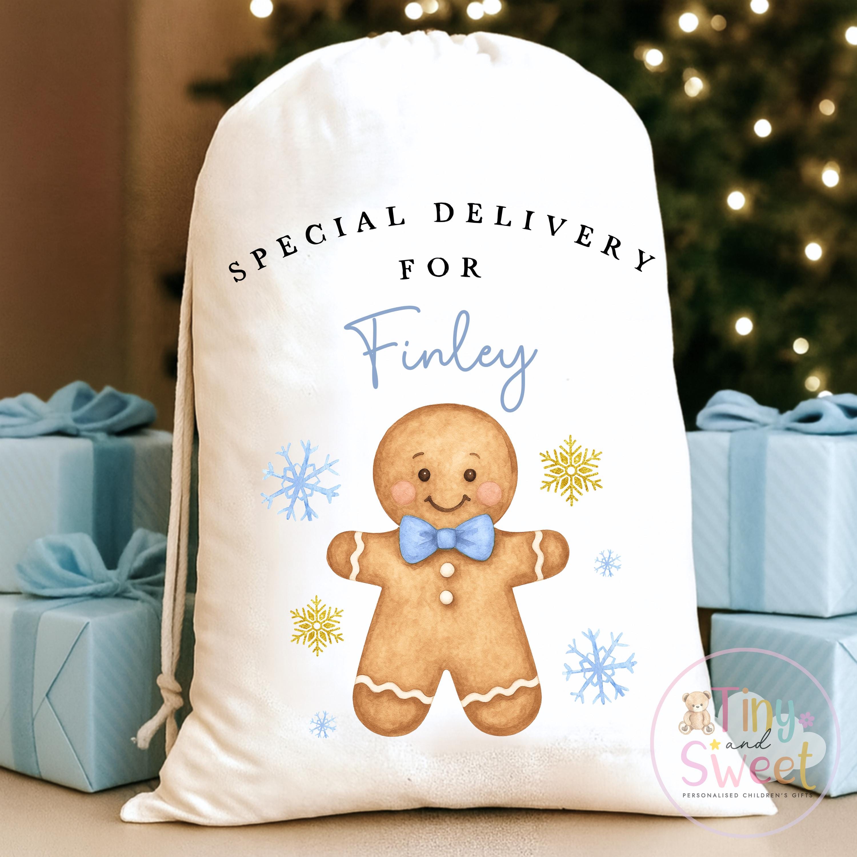 Blue Gingerbread Man Personalised Christmas Sack