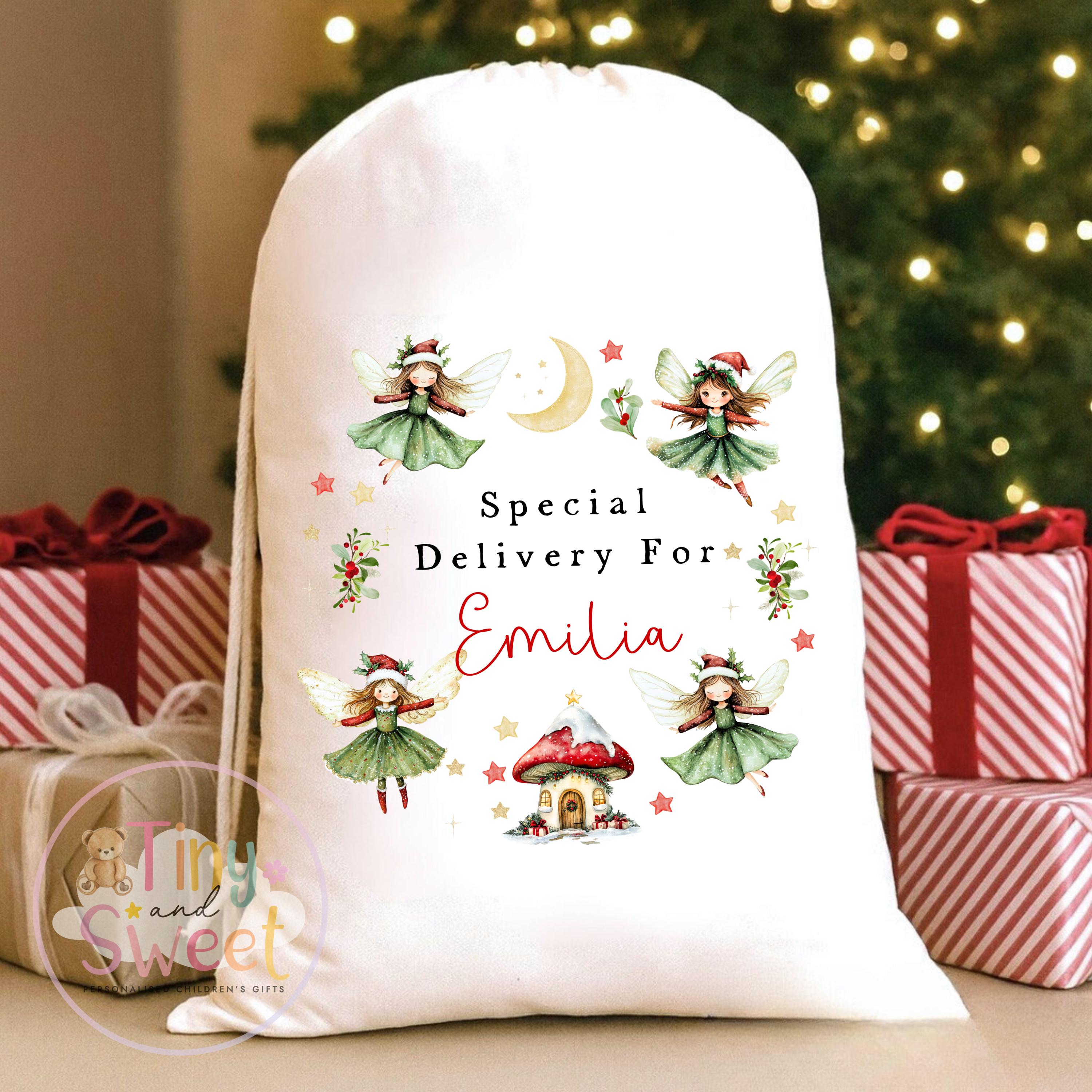 Green Fairy Wreath Personalised Christmas Sack