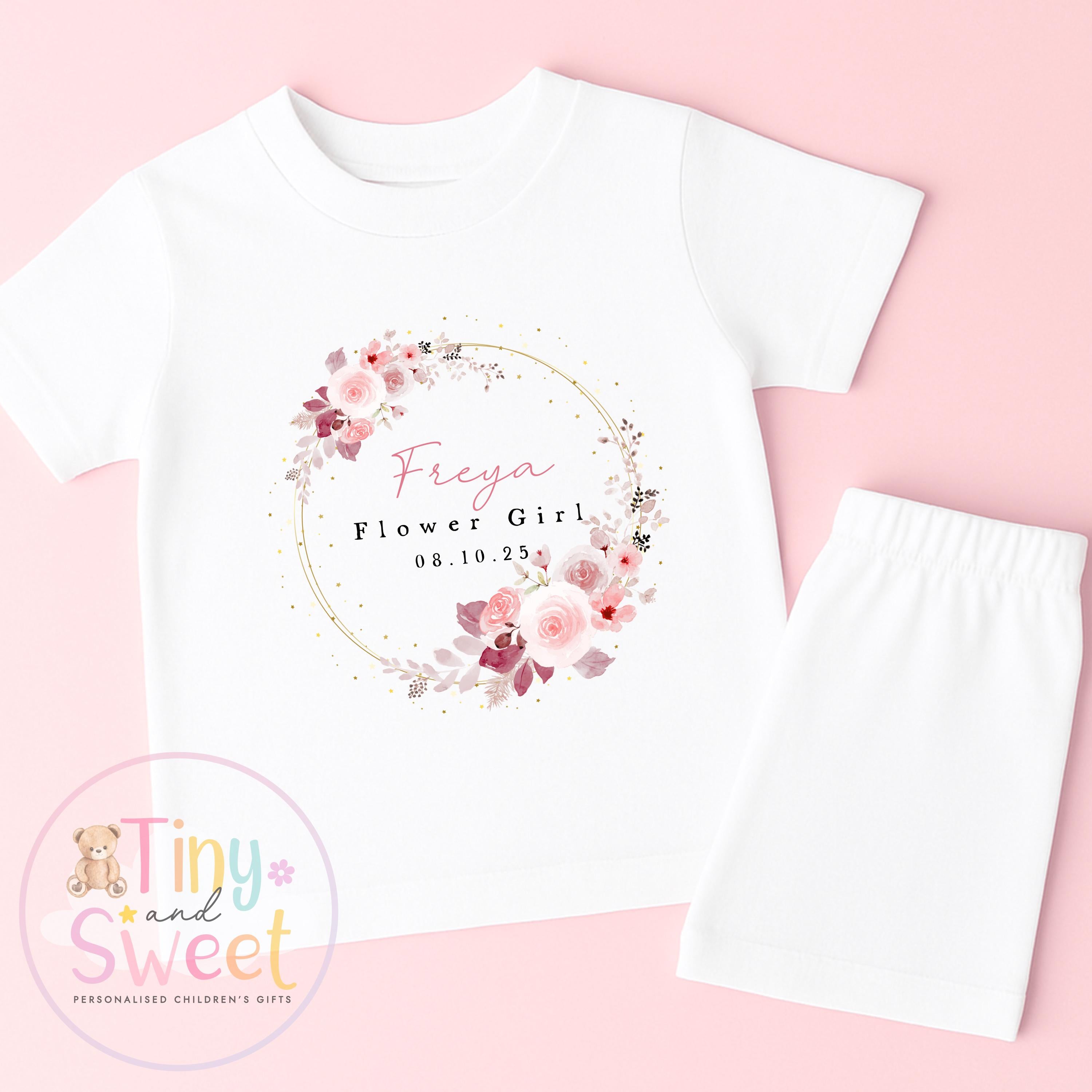 Flower Girl Personalised Pyjamas, Flower Girl Gift, White and pink Flower girl pjs, Personalised flower girl pjs, Kids Wedding Pyjamas