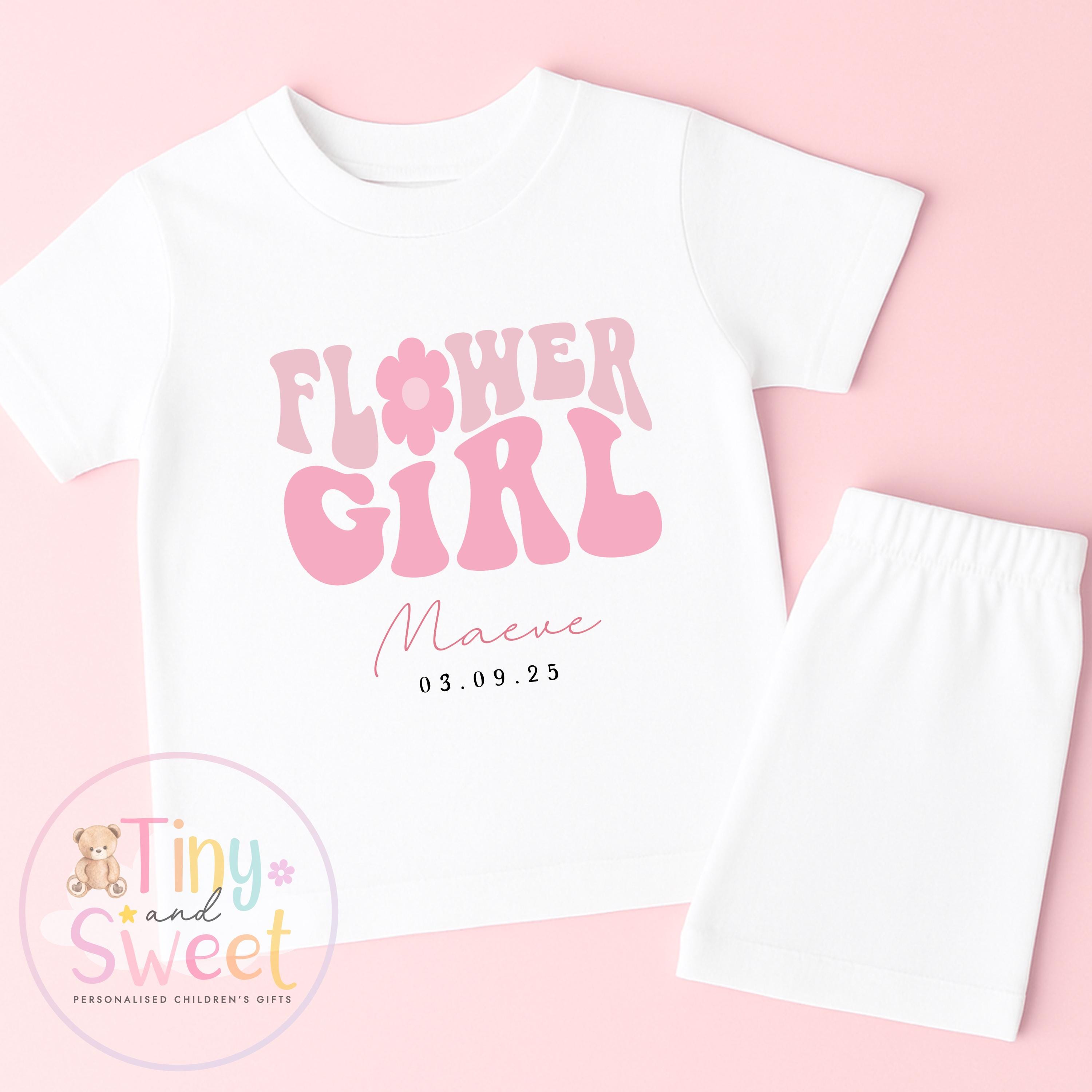 Flower Girl Retro Personalised Pyjamas, Flower Girl Gift, White and pink Flower girl pjs, Personalised flower girl pjs, Kids