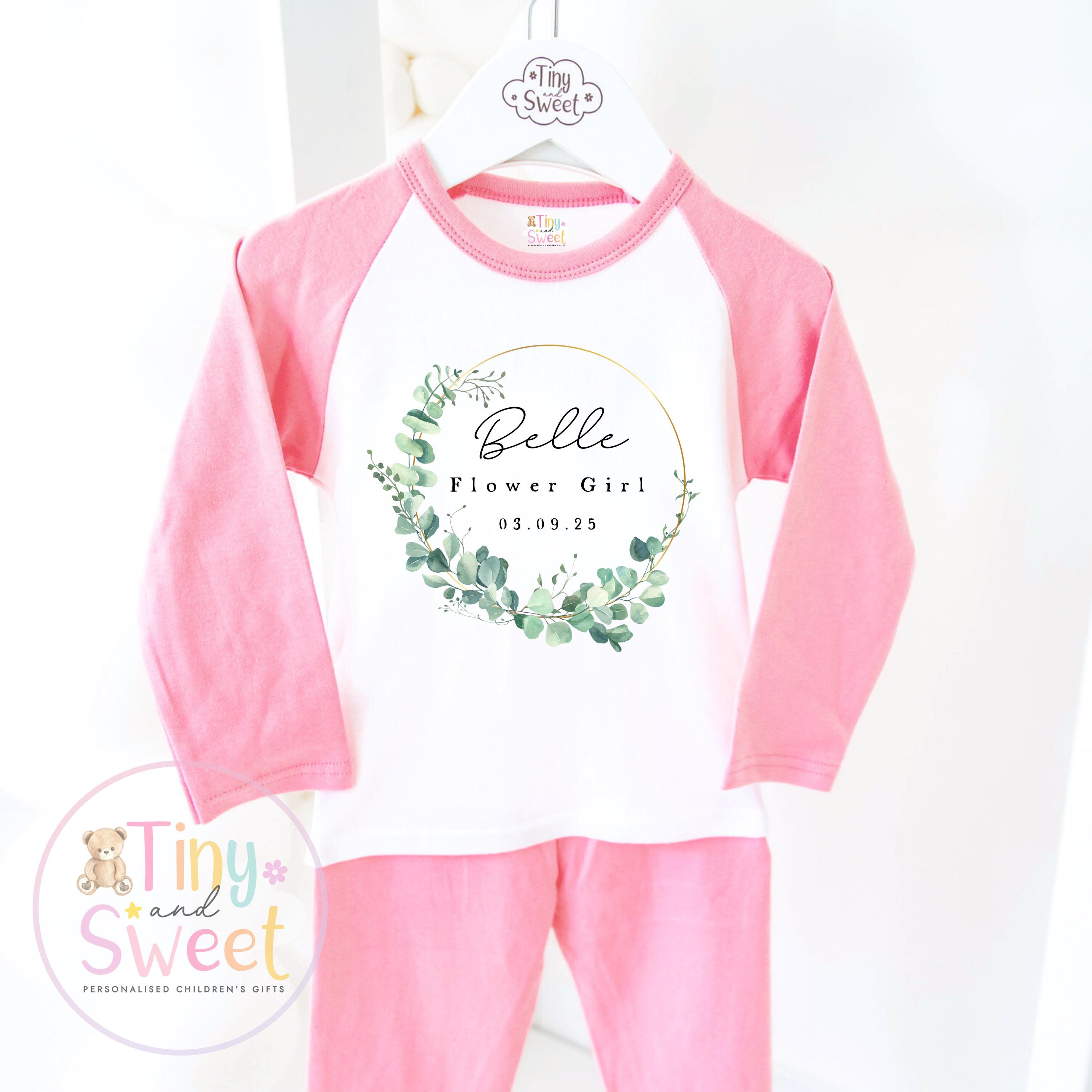 Flower Girl Personalised Pyjamas, Flower Girl Gift, White and pink Flower girl pjs, Personalised flower girl pjs, Kids Wedding Pyjamas
