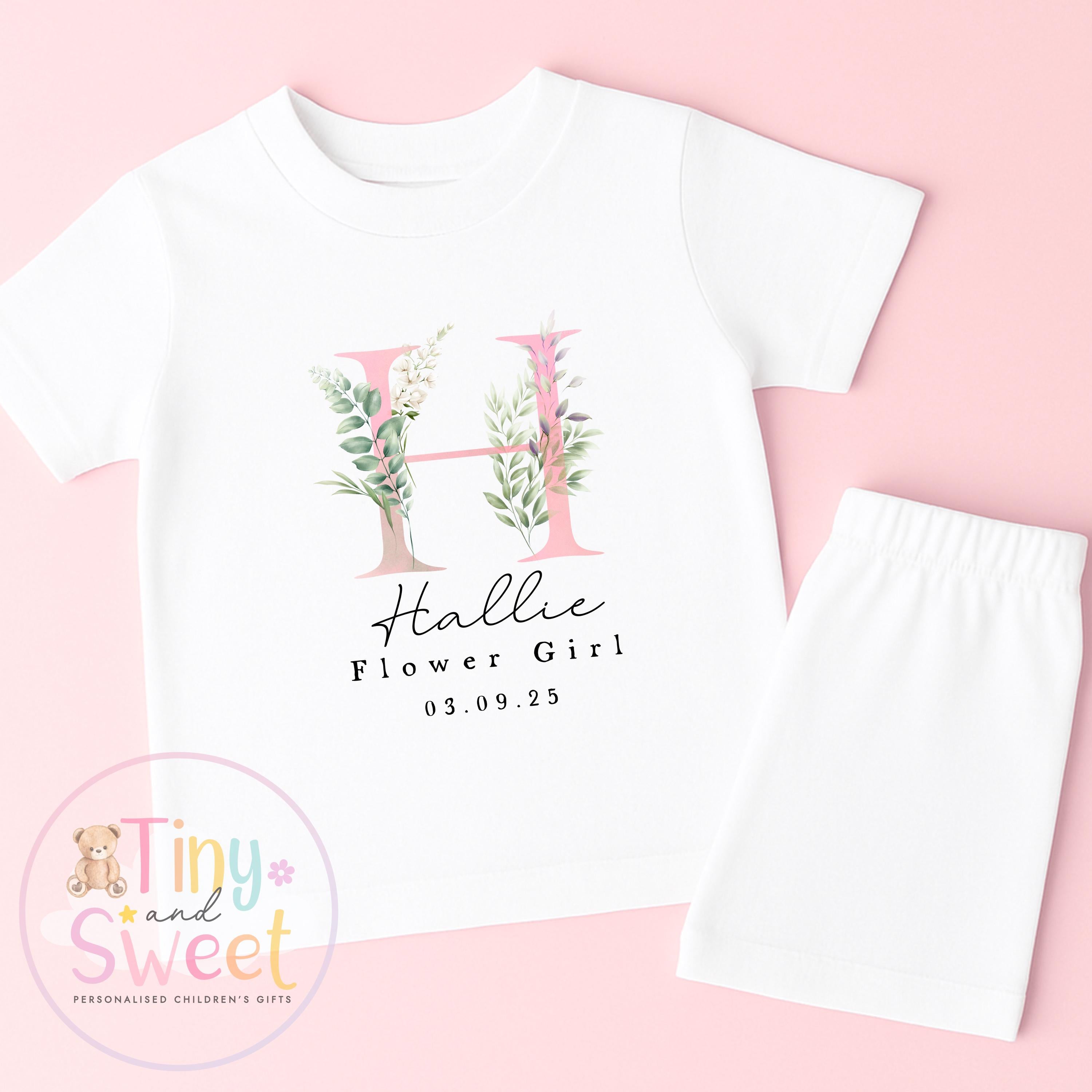 Flower Girl Personalised Initial Pyjamas, Flower Girl Gift, White and pink Flower girl pjs, Personalised flower girl pjs, Kids