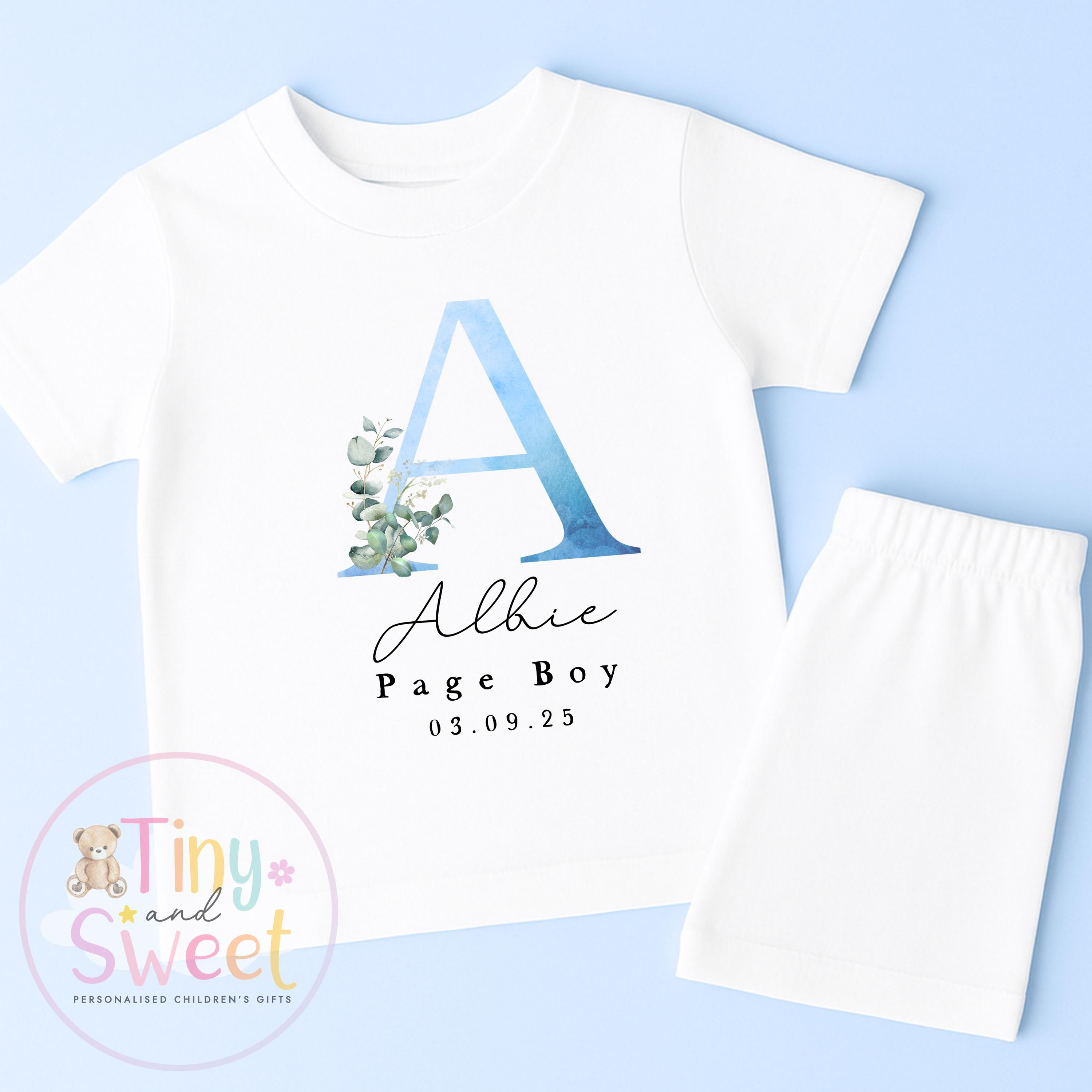 Page Boy Personalised Initial Pyjamas, Page Boy Gift, Blue and white Page boy pjs, Personalised page boy pjs, Kids