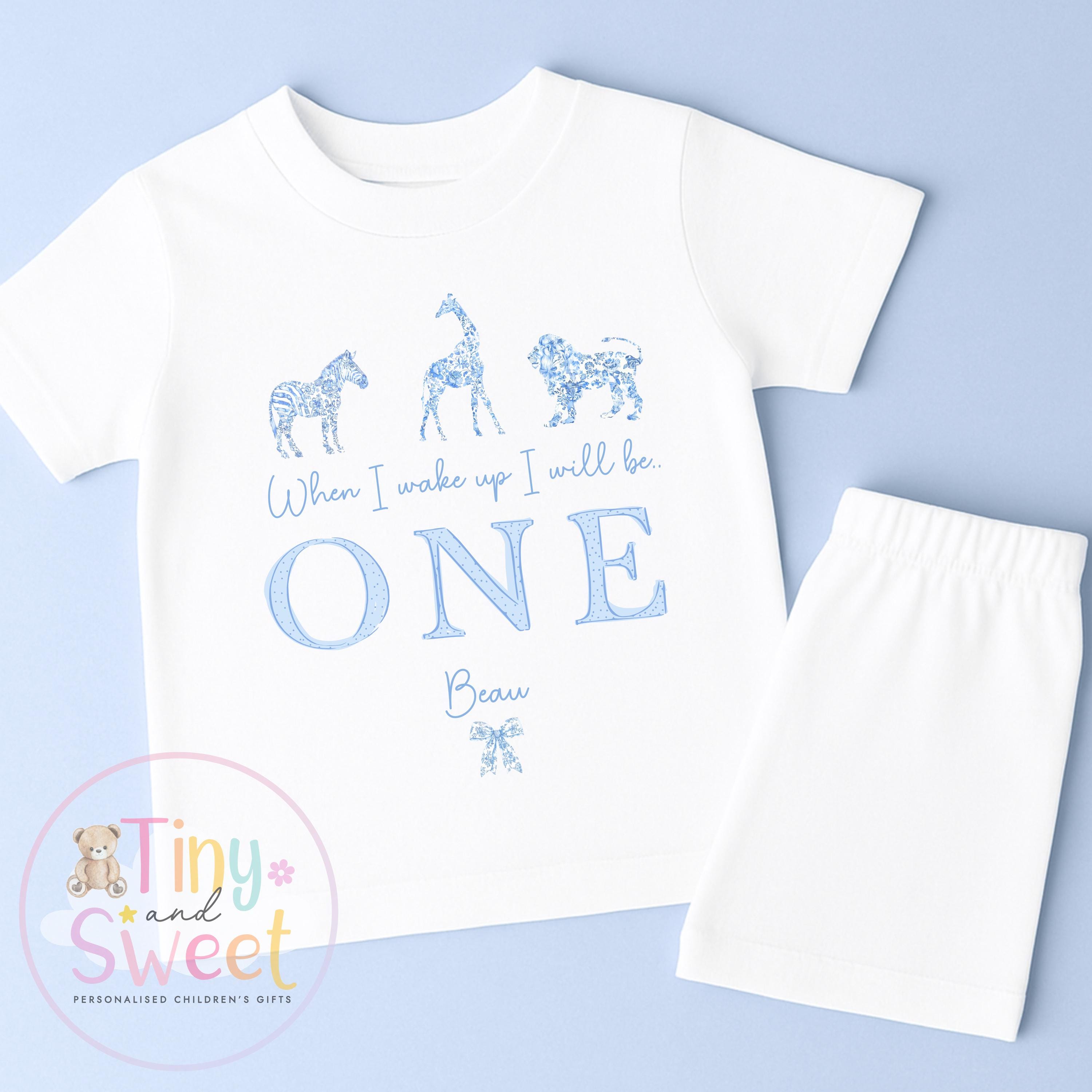 Personalised Safari Toile Pyjamas, Blue Toile Animals Pyjamas, When i wake up i&